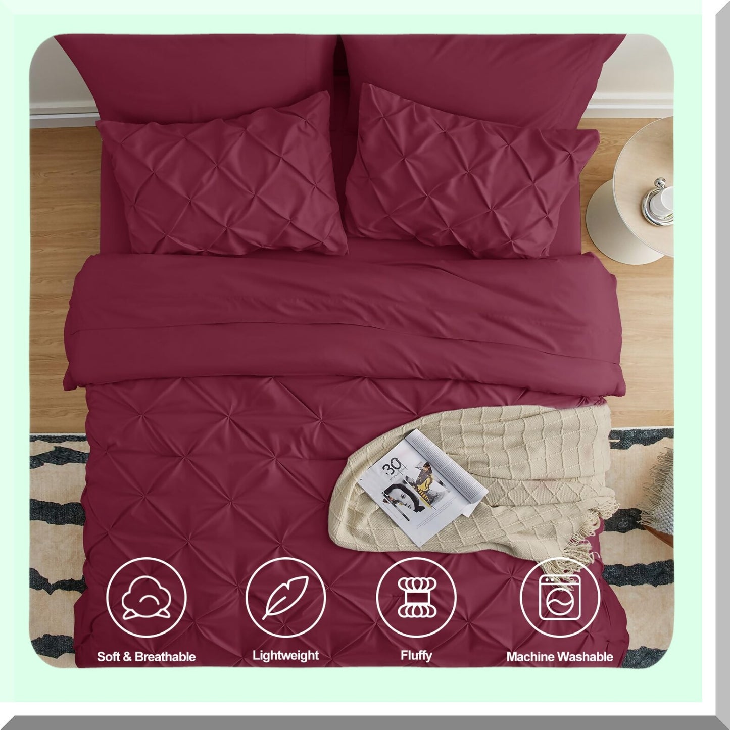 Burgundy Red Pintuck Pleat Comforter Set - 7 Piece Bedding Ensemble with All Season Comforter, Flat & Fitted Sheets, Pillowcases & Shams - King Size