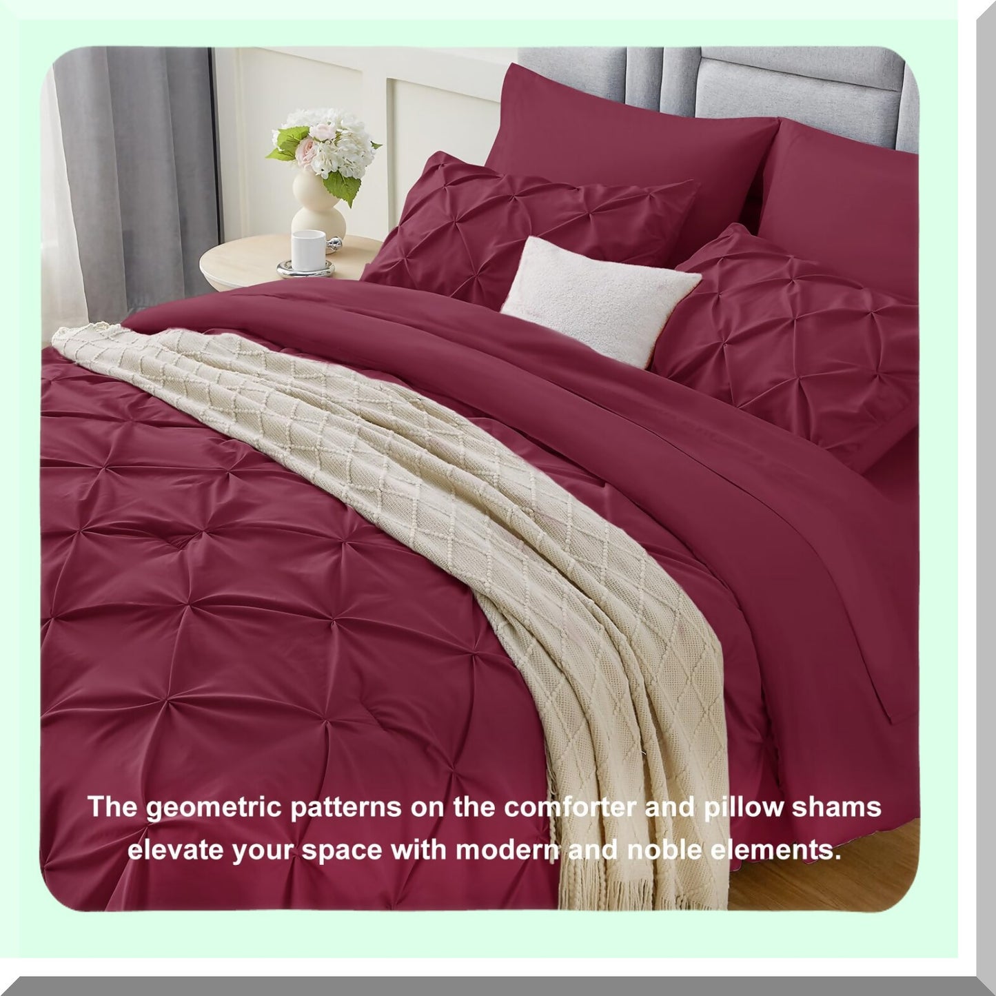 Burgundy Red Pintuck Pleat Comforter Set - 7 Piece Bedding Ensemble with All Season Comforter, Flat & Fitted Sheets, Pillowcases & Shams - King Size