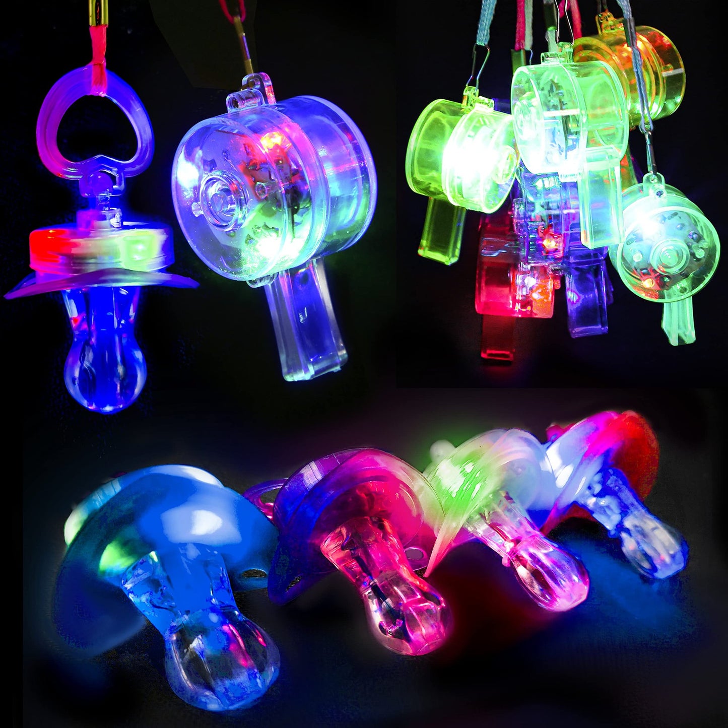 Glow Whistle Party Pack - 20 Light-Up Flashing Whistles for Fun Events! Includes 10 Pacifier & 10 Round Whistles with Lanyard. Perfect for Parties!