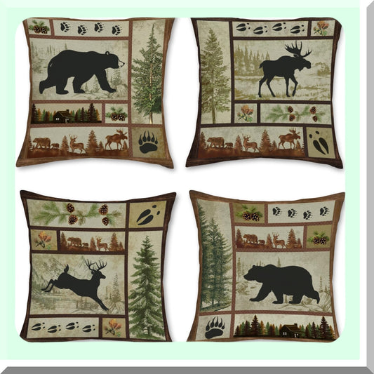 Rustic Wildlife Pillow Cover Set - 18x18 Inch Farmhouse Decorative Cushion Case - Bear Deer Outdoor Sofa Pillow - Vintage Home Decor Accent