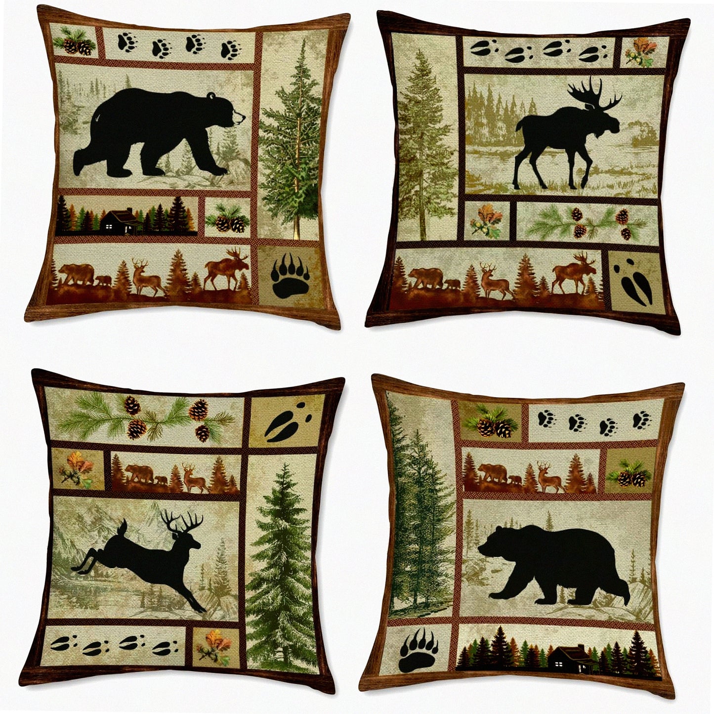 Rustic Wildlife Pillow Cover Set - 18x18 Inch Farmhouse Decorative Cushion Case - Bear Deer Outdoor Sofa Pillow - Vintage Home Decor Accent