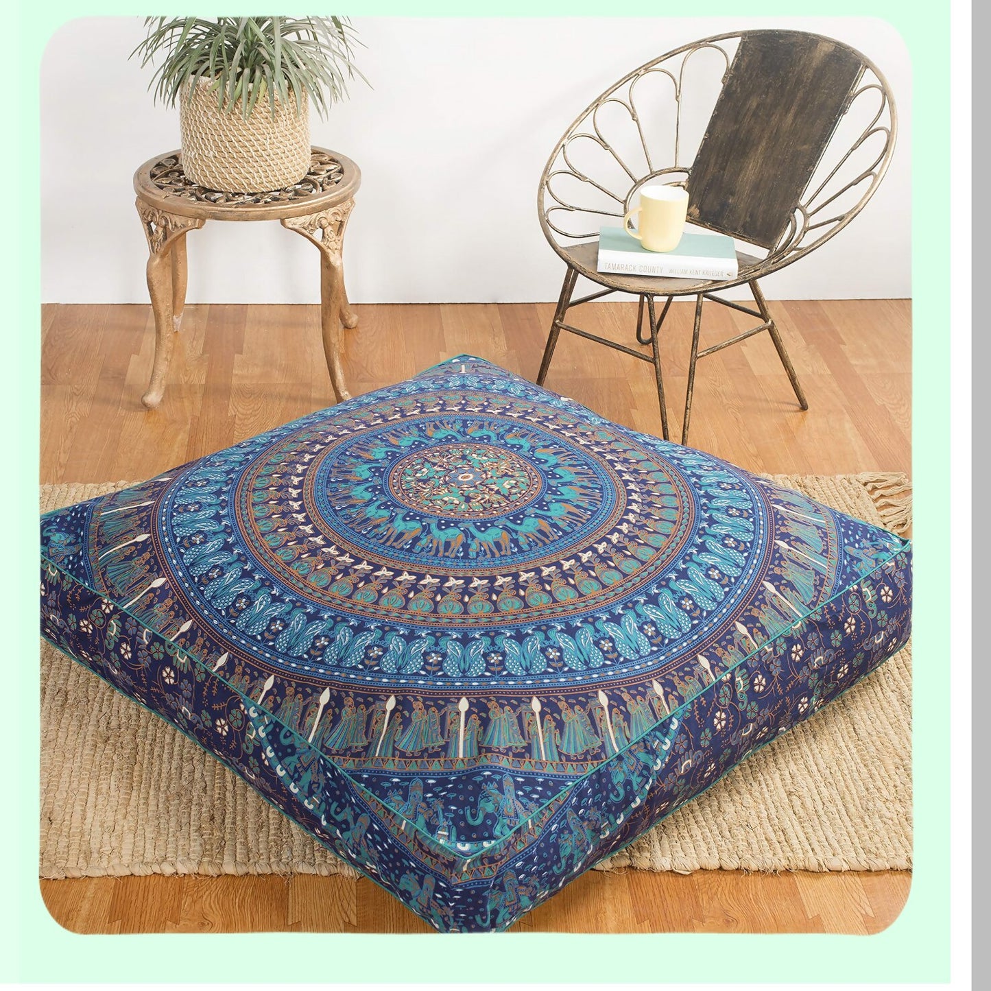 Hippie Elephant Camel Oversized Floor Pillow Cover - Heavy Duty Zipper, Dog-Pets Bed - 35" Blue Turquoise Square Ottoman Cotton Cushion