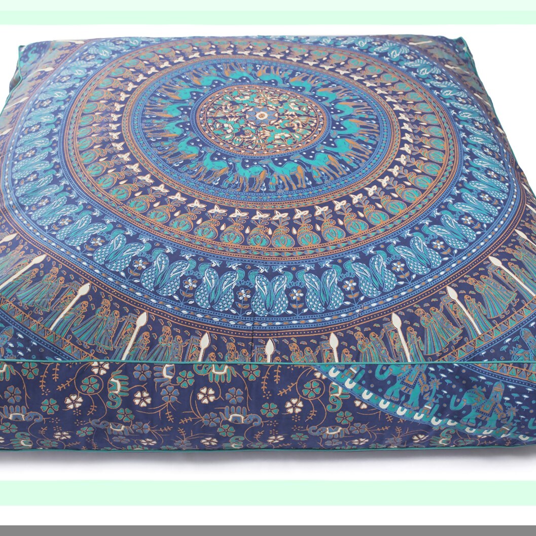 Hippie Elephant Camel Oversized Floor Pillow Cover - Heavy Duty Zipper, Dog-Pets Bed - 35" Blue Turquoise Square Ottoman Cotton Cushion