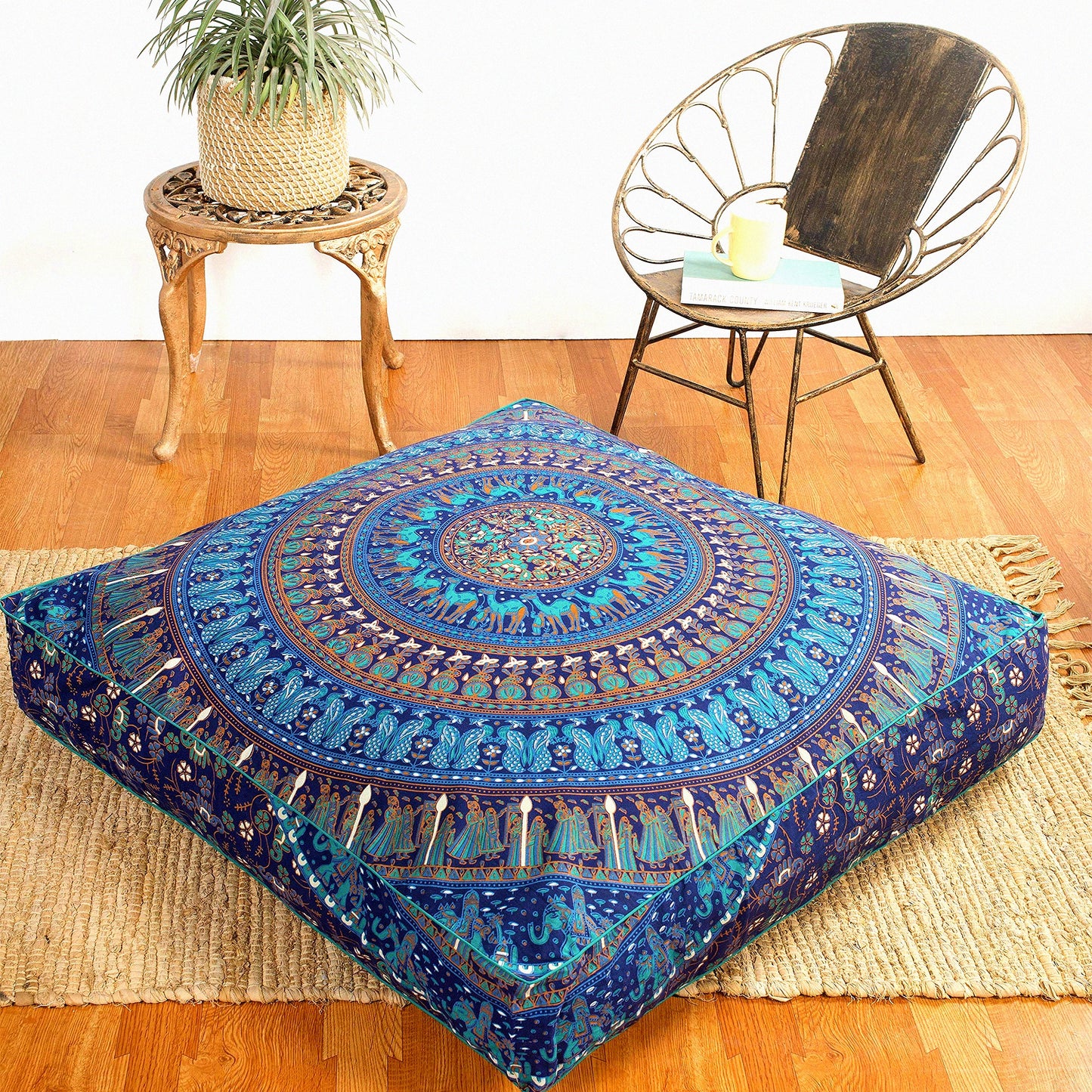 Hippie Elephant Camel Oversized Floor Pillow Cover - Heavy Duty Zipper, Dog-Pets Bed - 35" Blue Turquoise Square Ottoman Cotton Cushion