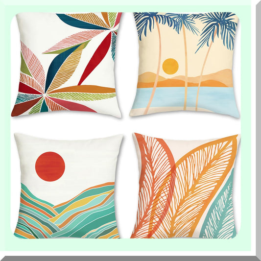 Tropical Oasis Velvet Pillow Covers - Set of 4 | Palm Tree Leaf Decorative Throw Cases 18x18 | Soft Outdoor Patio Sofa Couch Bedroom Home Decor