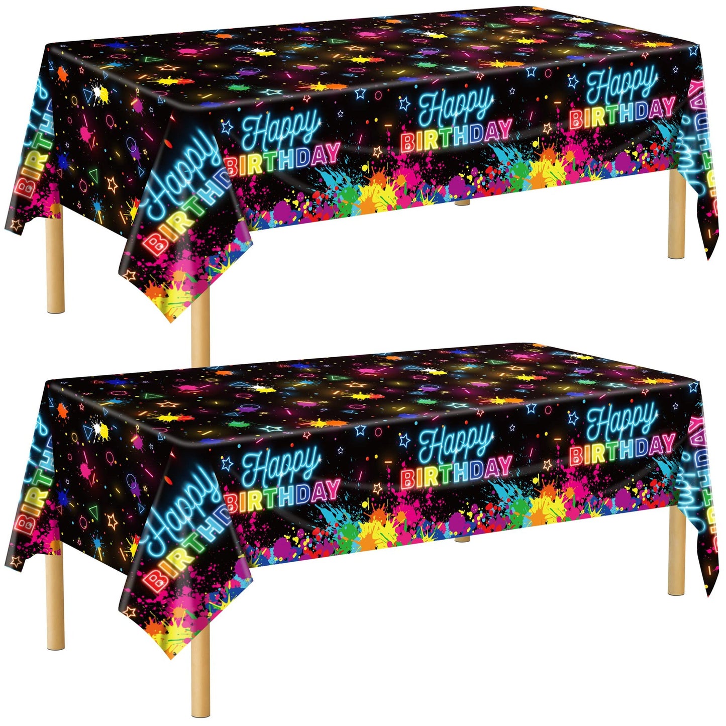 Neon Glow Birthday Party Tablecloth Set - 2 Pack Disposable Plastic Table Cover with Paint Graffiti Design, Happy Birthday Decorations - 54 x 108 Inch