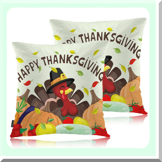 Thanksgiving Harvest Pillowcase Set - Funny Turkey Pumpkin Decorative Cushion Covers for Couch, Chair, Bedroom, Sofa, Car Seats - 18" X 18" - Set of 2