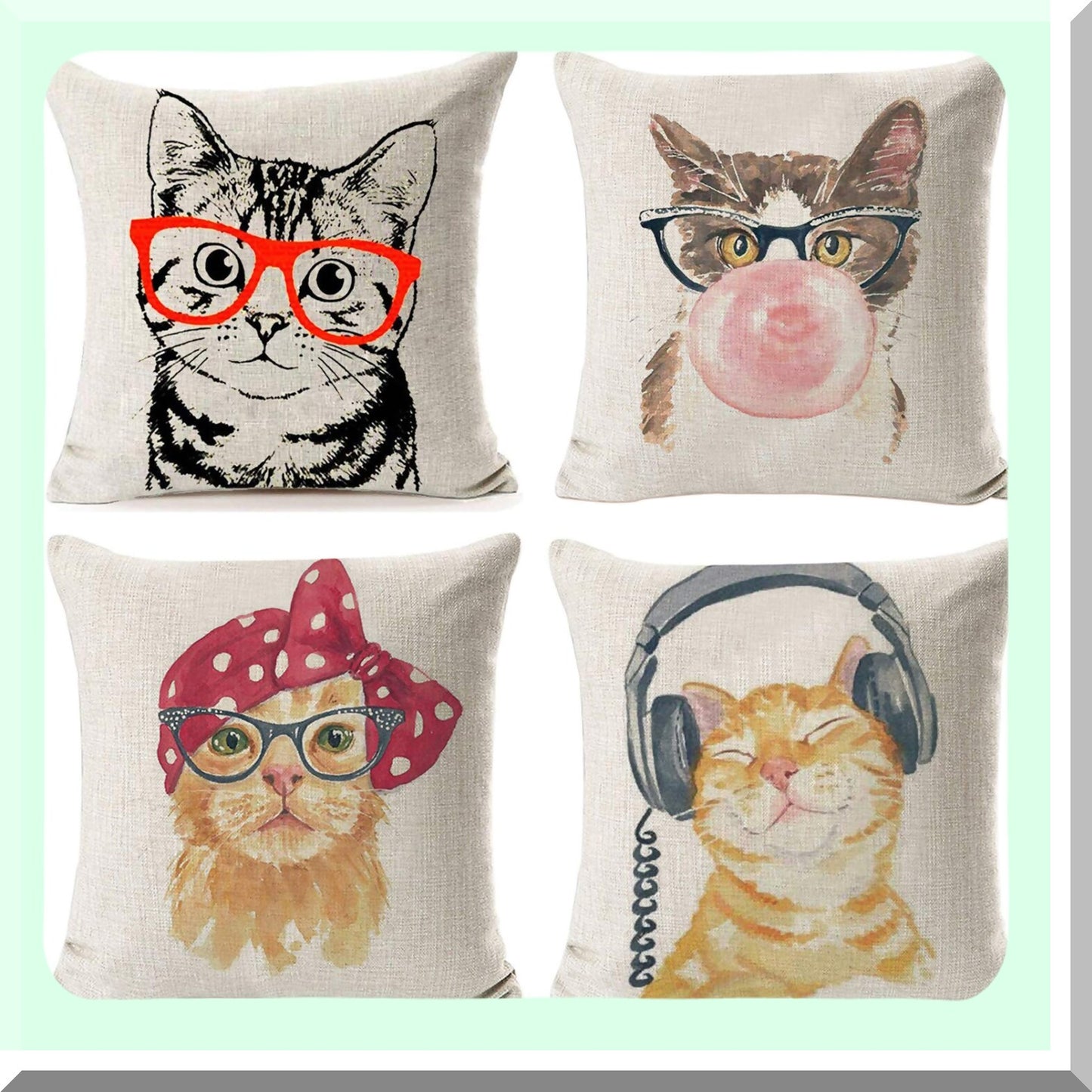 Kitty Cat Cotton Linen Throw Pillow Covers - Set of 4 Animal Pillow Cases for Couch Bed Sofa Patio Car, 18" x 18" Cushion Cover