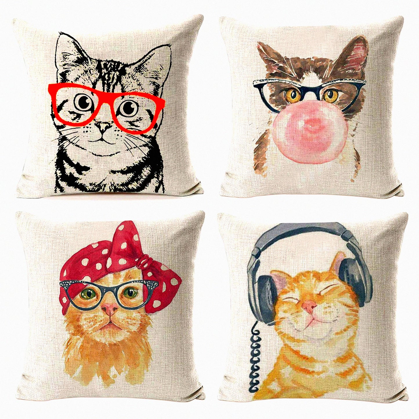 Kitty Cat Cotton Linen Throw Pillow Covers - Set of 4 Animal Pillow Cases for Couch Bed Sofa Patio Car, 18" x 18" Cushion Cover
