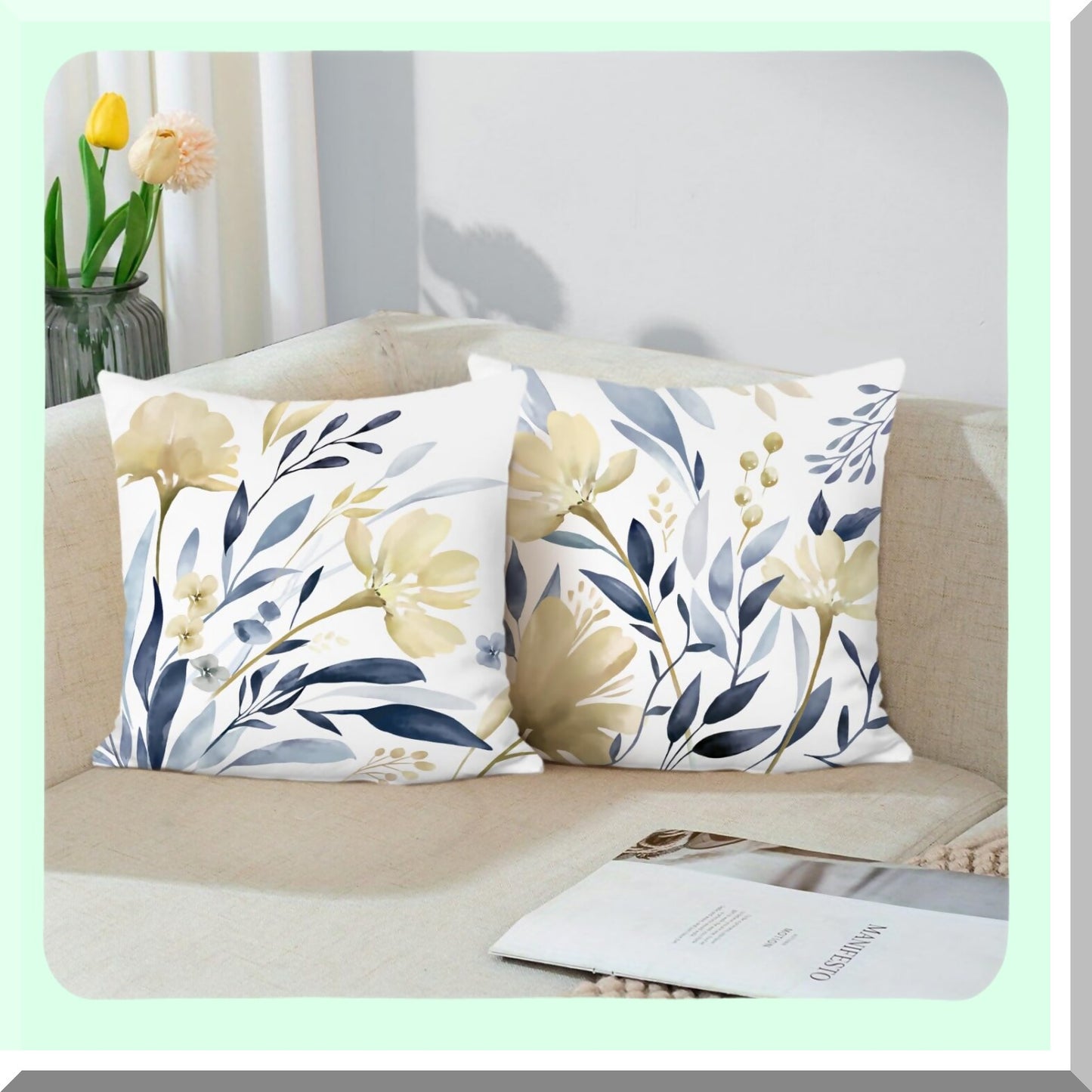 Floral Velvet Pillow Covers - Yellow Blue Flower Decor - Soft Cushion Cases - Couch Sofa Bed Home Decor Set - Watercolor Throw Pillows 18x18 - Pack of 2