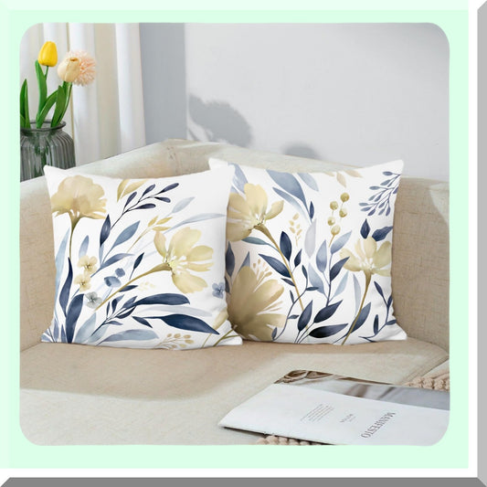 Floral Velvet Pillow Covers - Yellow Blue Flower Decor - Soft Cushion Cases - Couch Sofa Bed Home Decor Set - Watercolor Throw Pillows 18x18 - Pack of 2