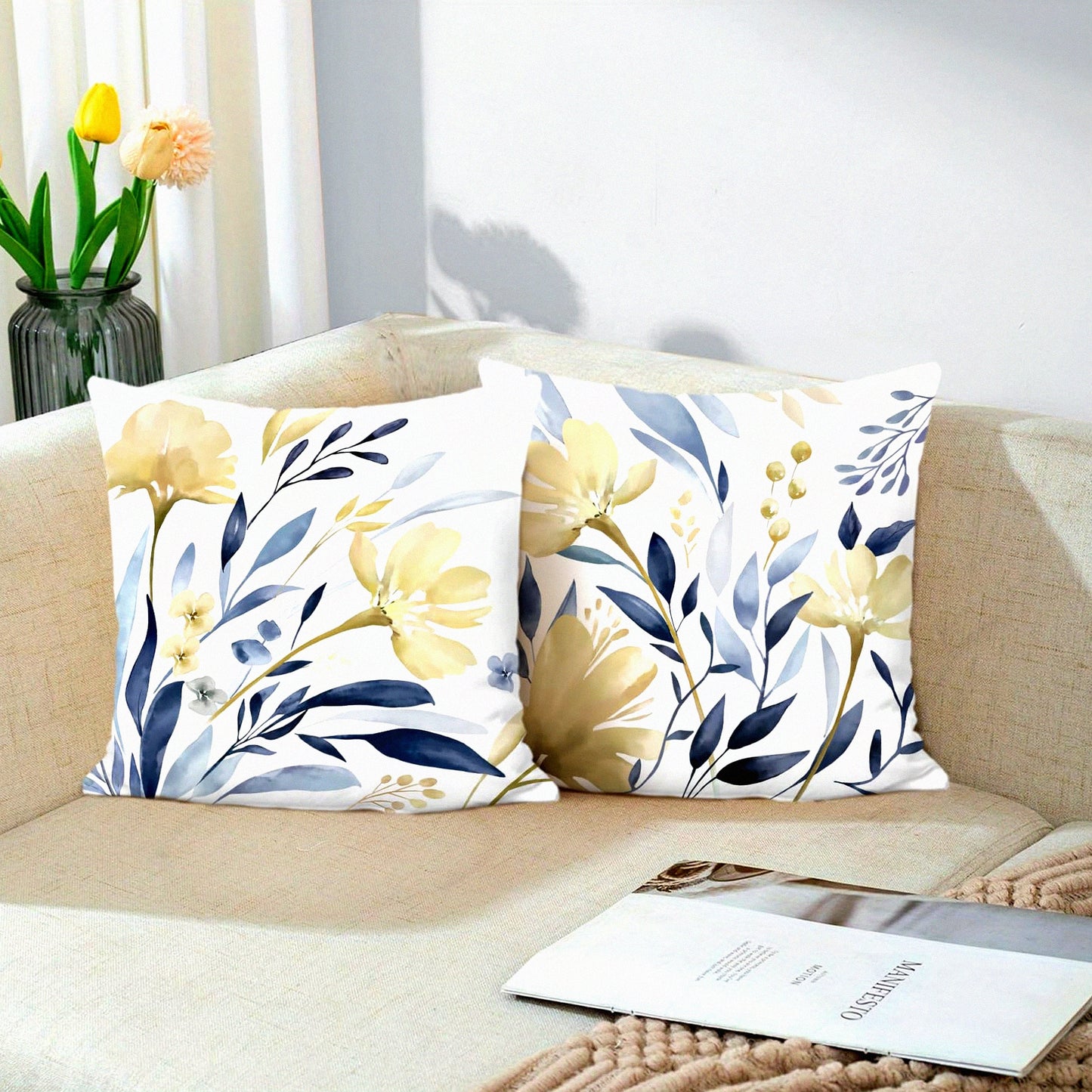Floral Velvet Pillow Covers - Yellow Blue Flower Decor - Soft Cushion Cases - Couch Sofa Bed Home Decor Set - Watercolor Throw Pillows 18x18 - Pack of 2