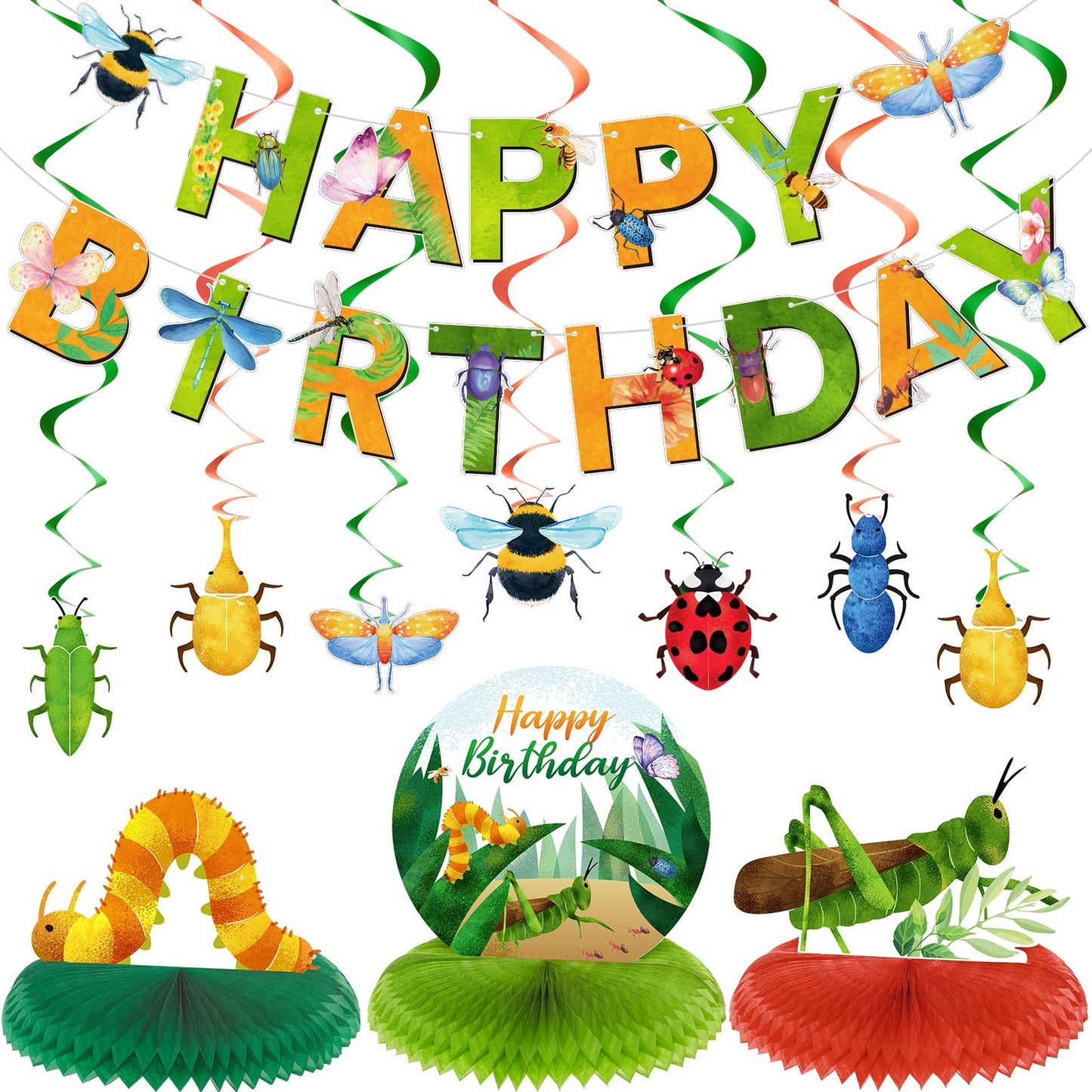 Bugs Bash Party Pack - 28-Piece Spring Insect Decor Set for Boys and Girls Birthday, Baby Shower. Includes Banner, Hanging Swirls, Honeycomb Centerpieces.