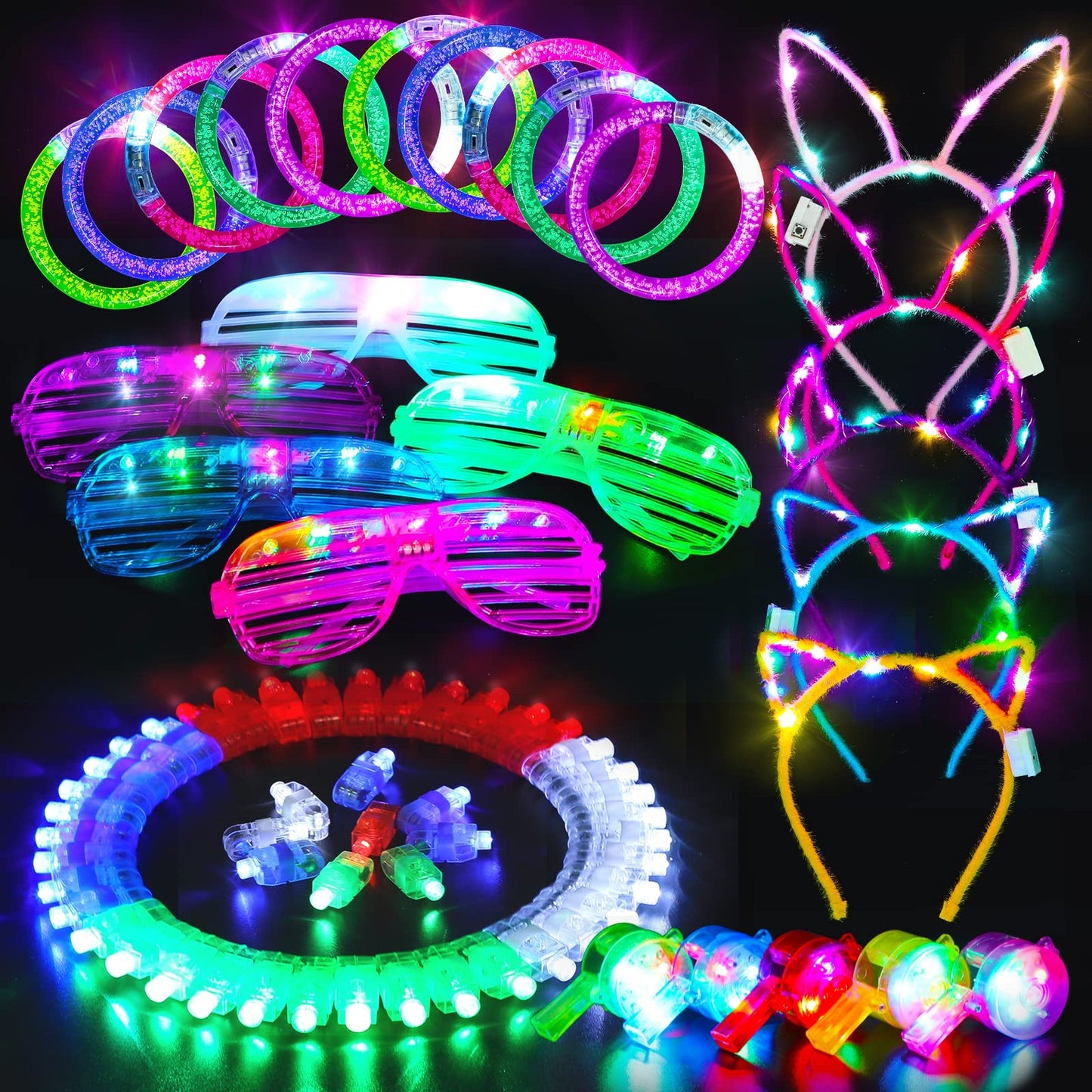 Neon Glow Party Pack - 65 Piece LED Light Up Set for New Year's Eve, Birthdays, and More! Includes Glasses, Bracelets, Headbands, Necklaces, and Lights for Kids and Adults.