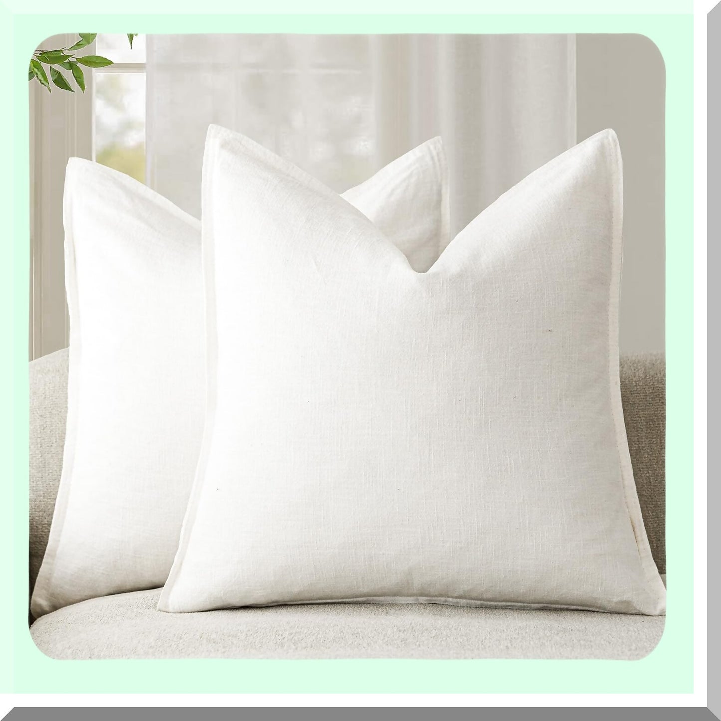 Boho Farmhouse Linen Pillow Covers - Set of 2 Soft Accent Cushion Cases for Chair Couch Sofa - Neutral Home Decor 18x18 Cream White