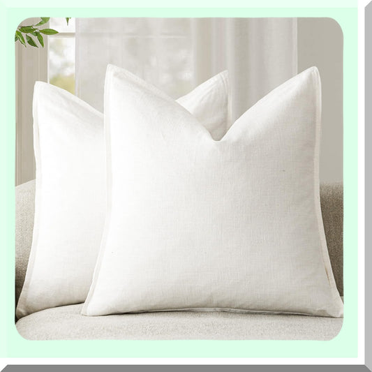 Boho Farmhouse Linen Pillow Covers - Set of 2 Soft Accent Cushion Cases for Chair Couch Sofa - Neutral Home Decor 18x18 Cream White