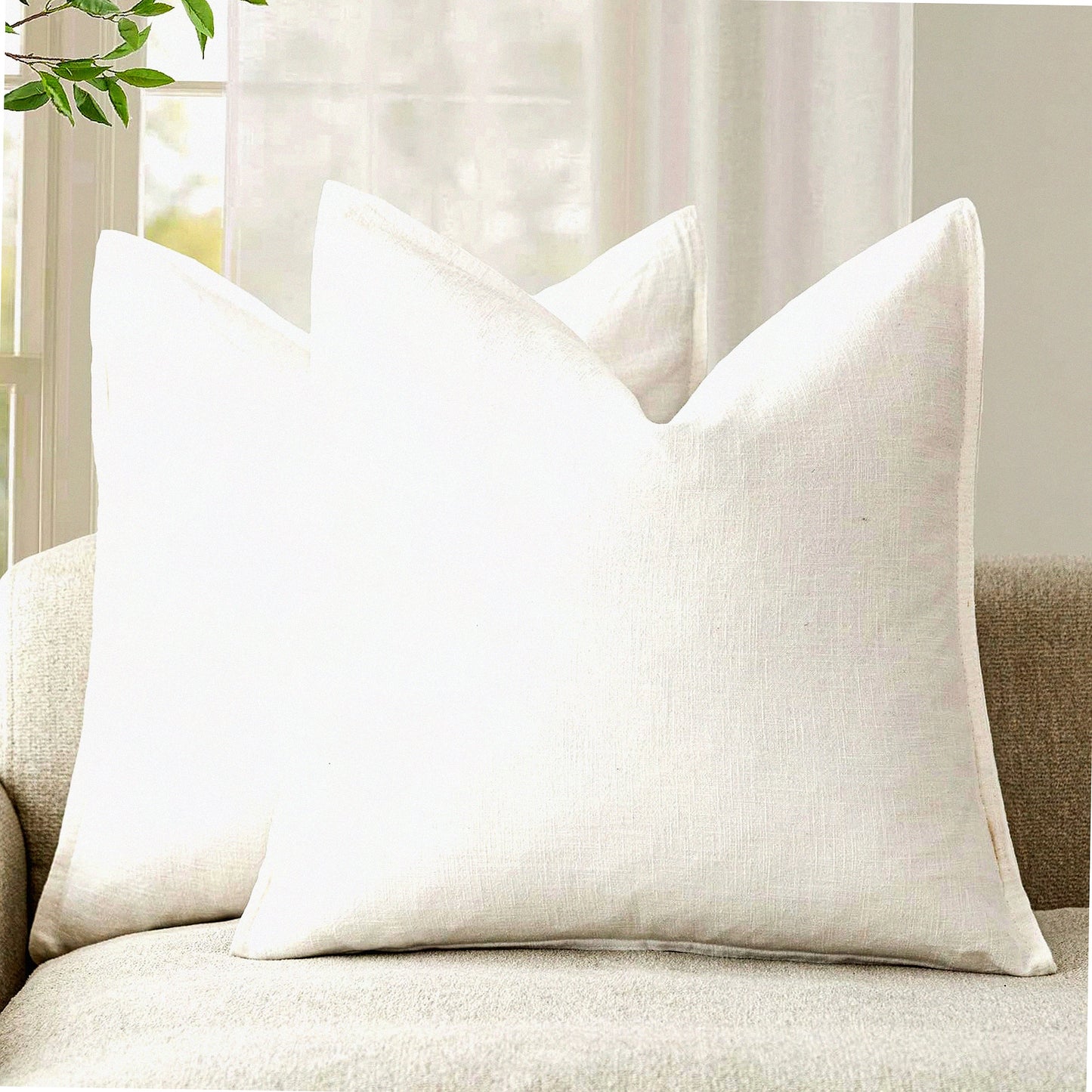 Boho Farmhouse Linen Pillow Covers - Set of 2 Soft Accent Cushion Cases for Chair Couch Sofa - Neutral Home Decor 18x18 Cream White