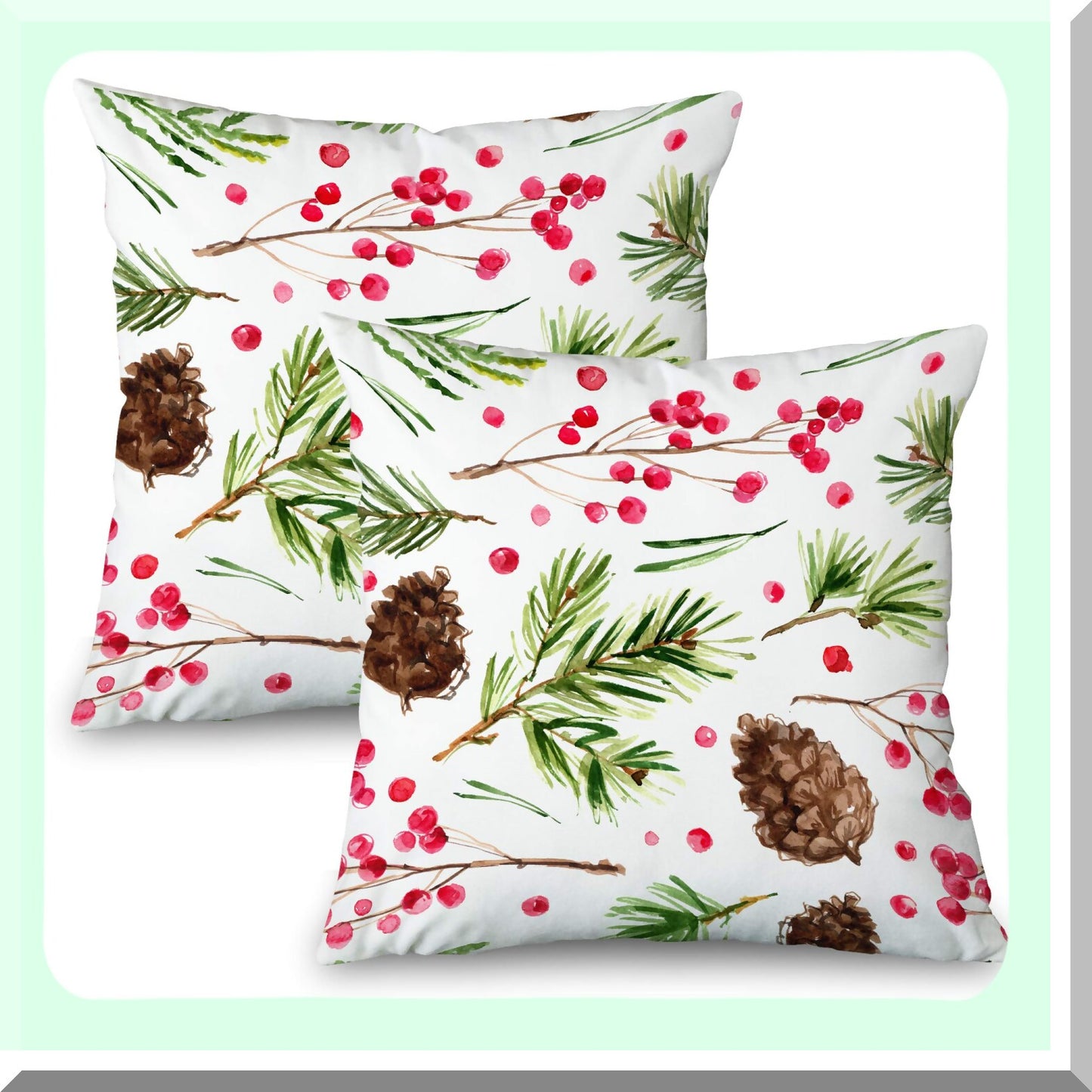 Rustic Farmhouse Holiday Pillow Covers - Set of 2, Red Berries Xmas Decor Cushion Cases for Couch, Sofa, Bed - Outdoor Decorative Throw Pillow Cover 18x18 Inch