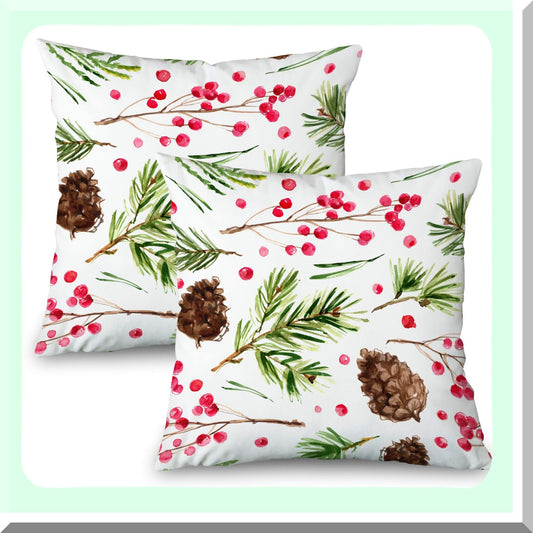 Rustic Farmhouse Holiday Pillow Covers - Set of 2, Red Berries Xmas Decor Cushion Cases for Couch, Sofa, Bed - Outdoor Decorative Throw Pillow Cover 18x18 Inch