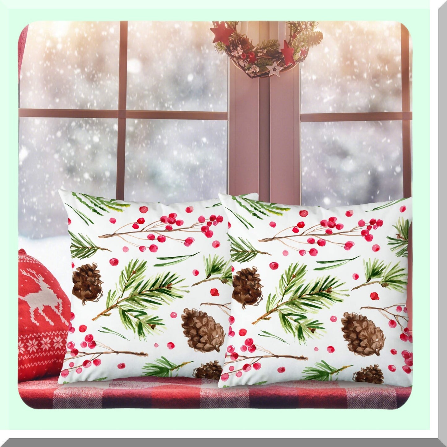Rustic Farmhouse Holiday Pillow Covers - Set of 2, Red Berries Xmas Decor Cushion Cases for Couch, Sofa, Bed - Outdoor Decorative Throw Pillow Cover 18x18 Inch