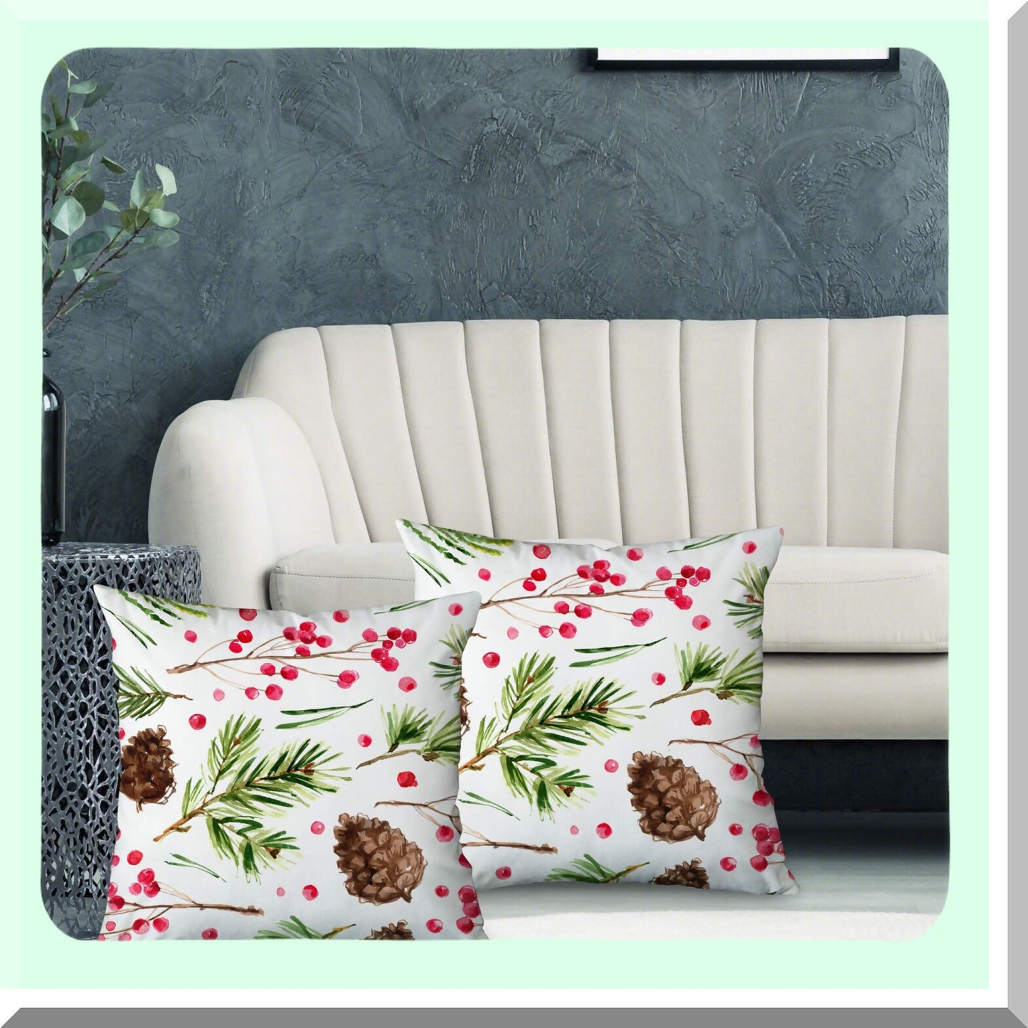 Rustic Farmhouse Holiday Pillow Covers - Set of 2, Red Berries Xmas Decor Cushion Cases for Couch, Sofa, Bed - Outdoor Decorative Throw Pillow Cover 18x18 Inch