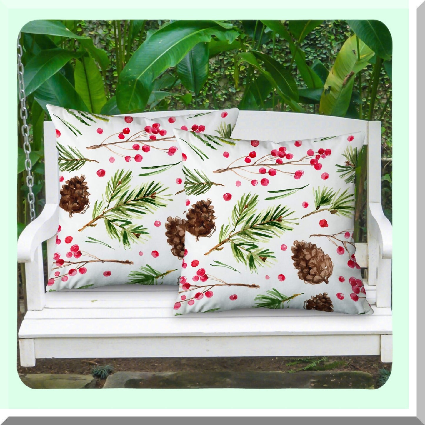 Rustic Farmhouse Holiday Pillow Covers - Set of 2, Red Berries Xmas Decor Cushion Cases for Couch, Sofa, Bed - Outdoor Decorative Throw Pillow Cover 18x18 Inch