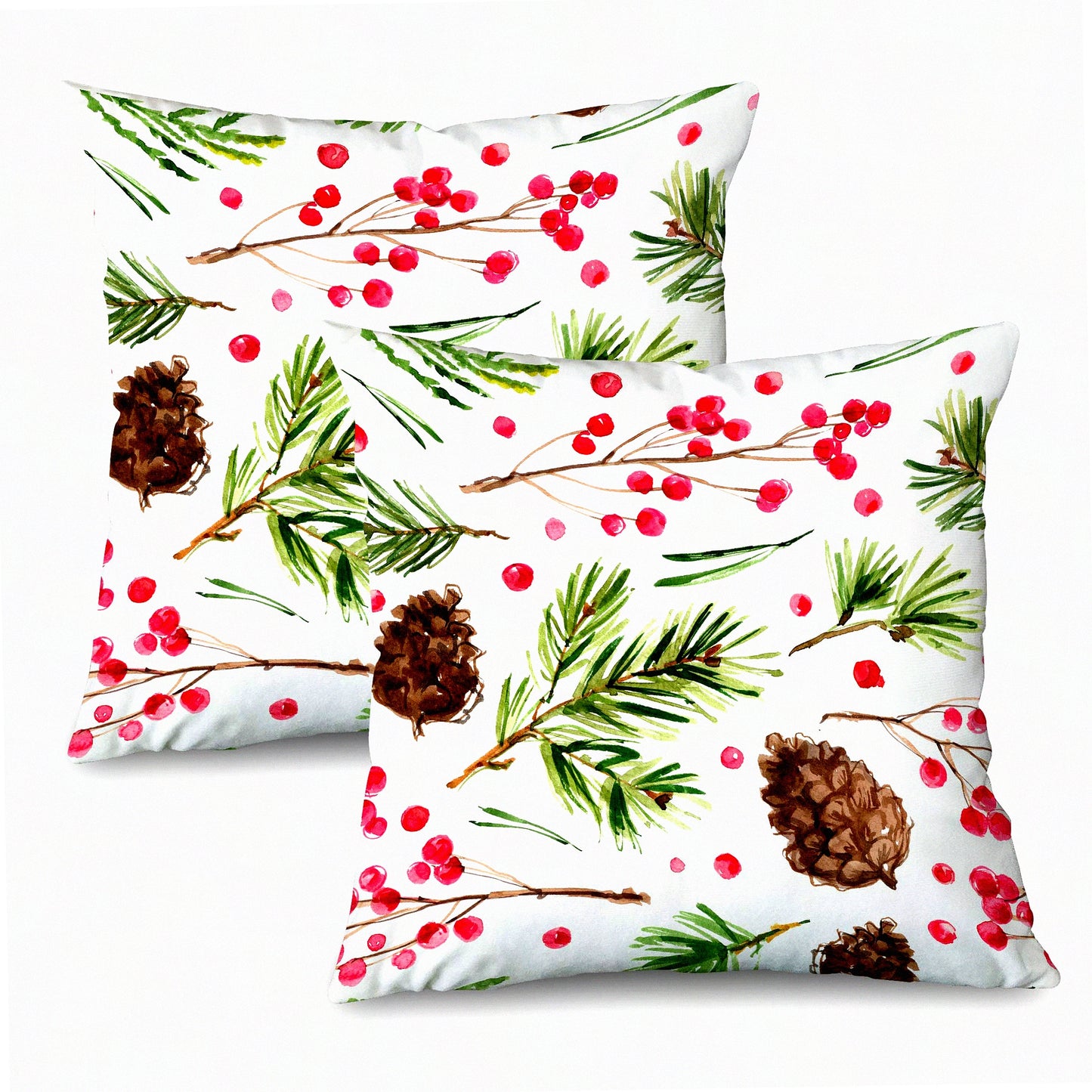 Rustic Farmhouse Holiday Pillow Covers - Set of 2, Red Berries Xmas Decor Cushion Cases for Couch, Sofa, Bed - Outdoor Decorative Throw Pillow Cover 18x18 Inch