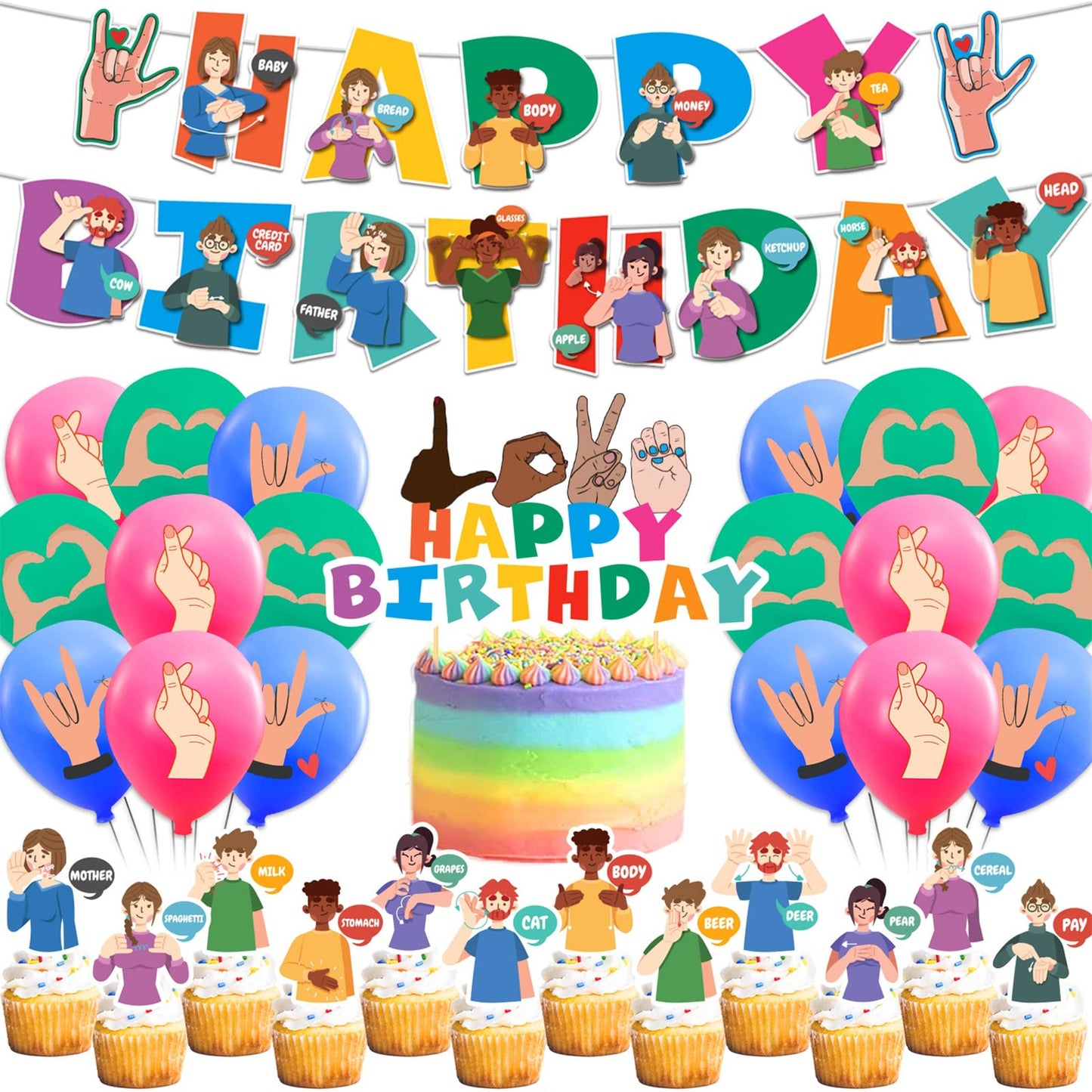 Sign Party Pack - Happy Birthday Banner, Cake Topper, Cupcake Toppers, Balloons - ASL Birthday Decorations for Sign Language Party Supplies