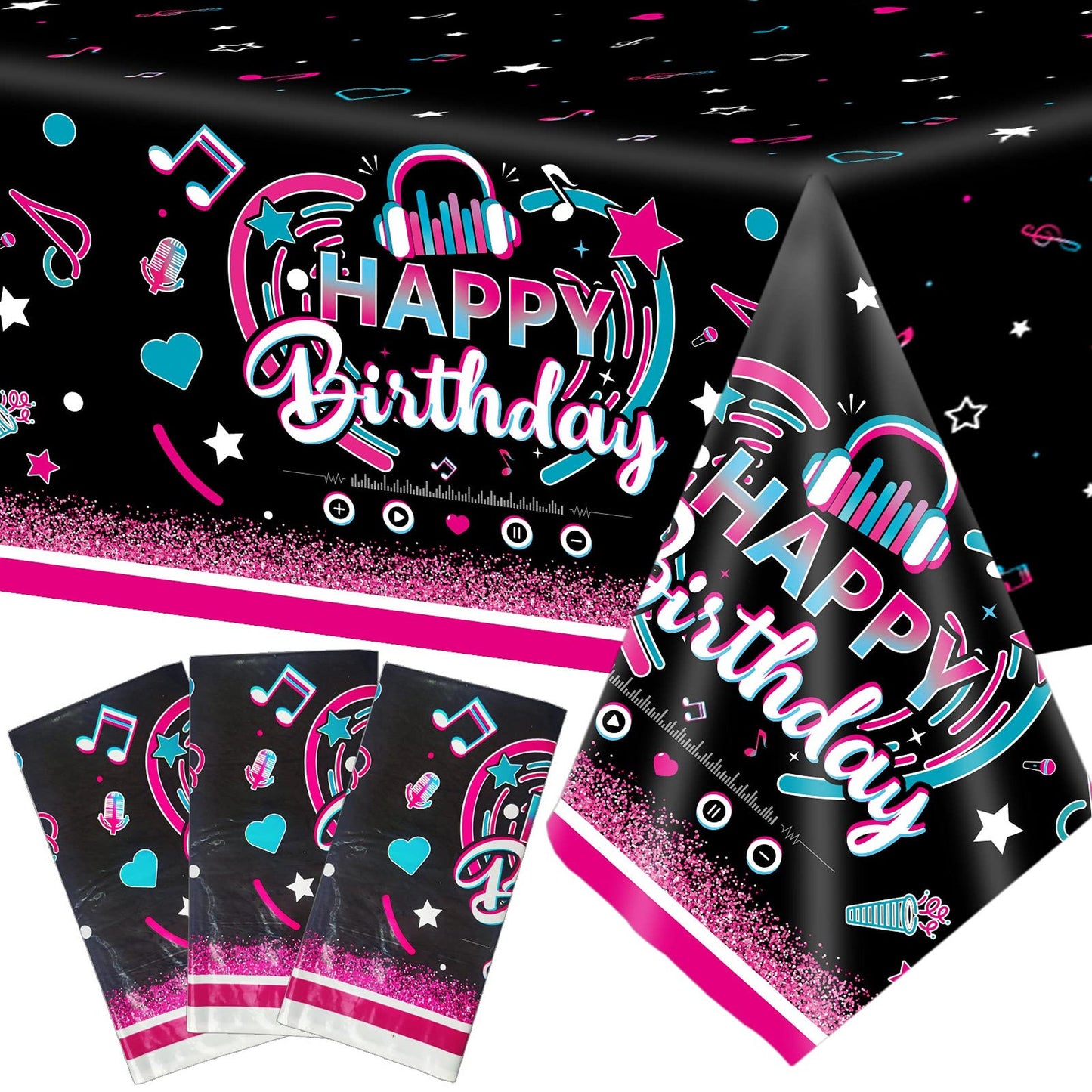 Party Groove Tablecloth Set - Music Note Birthday Decorations, Social Media Themed Supplies, Disposable Plastic Cover for 3-Piece Celebration