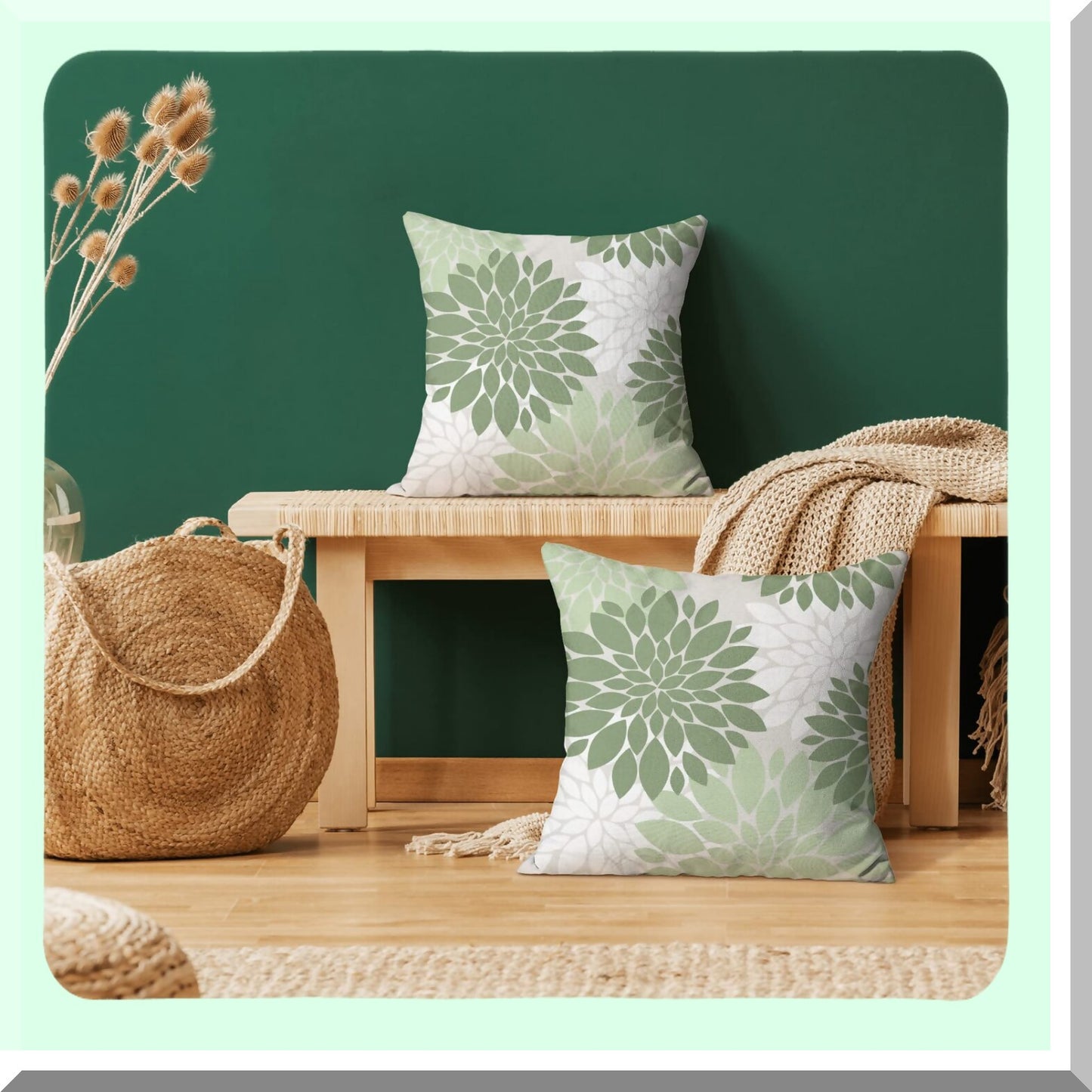 Dahlia Sage Green Pillow Covers - Set of 2 20x20 Inch Floral Decor Throw Pillows - Modern Geometry Flower Outdoor Cushion Cases for Sofa Bed - Summer Decor