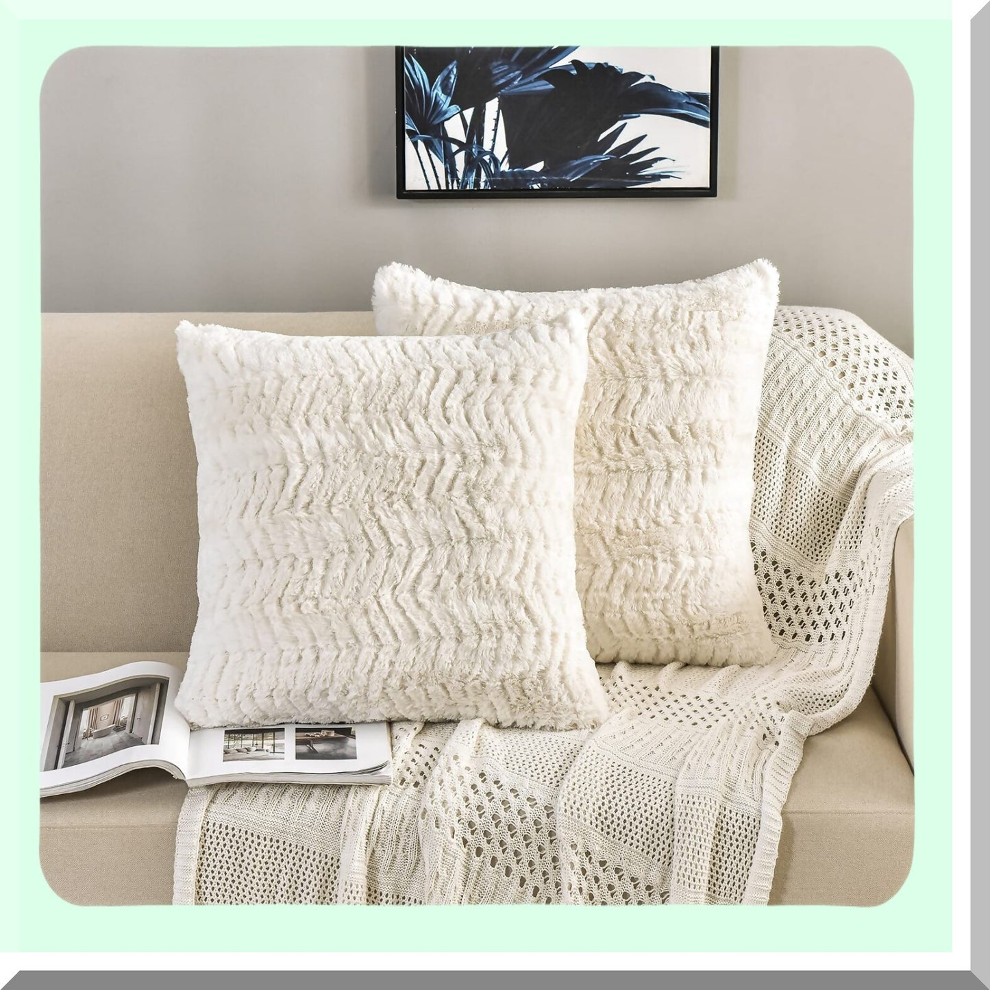 Boho Luxe Faux Fur Pillowcase Set - Plush Ivory Cushion Covers for Sofa & Bed - Cozy Fluffy Throw Pillow Shams - 18x18 Inch - Pack of 2