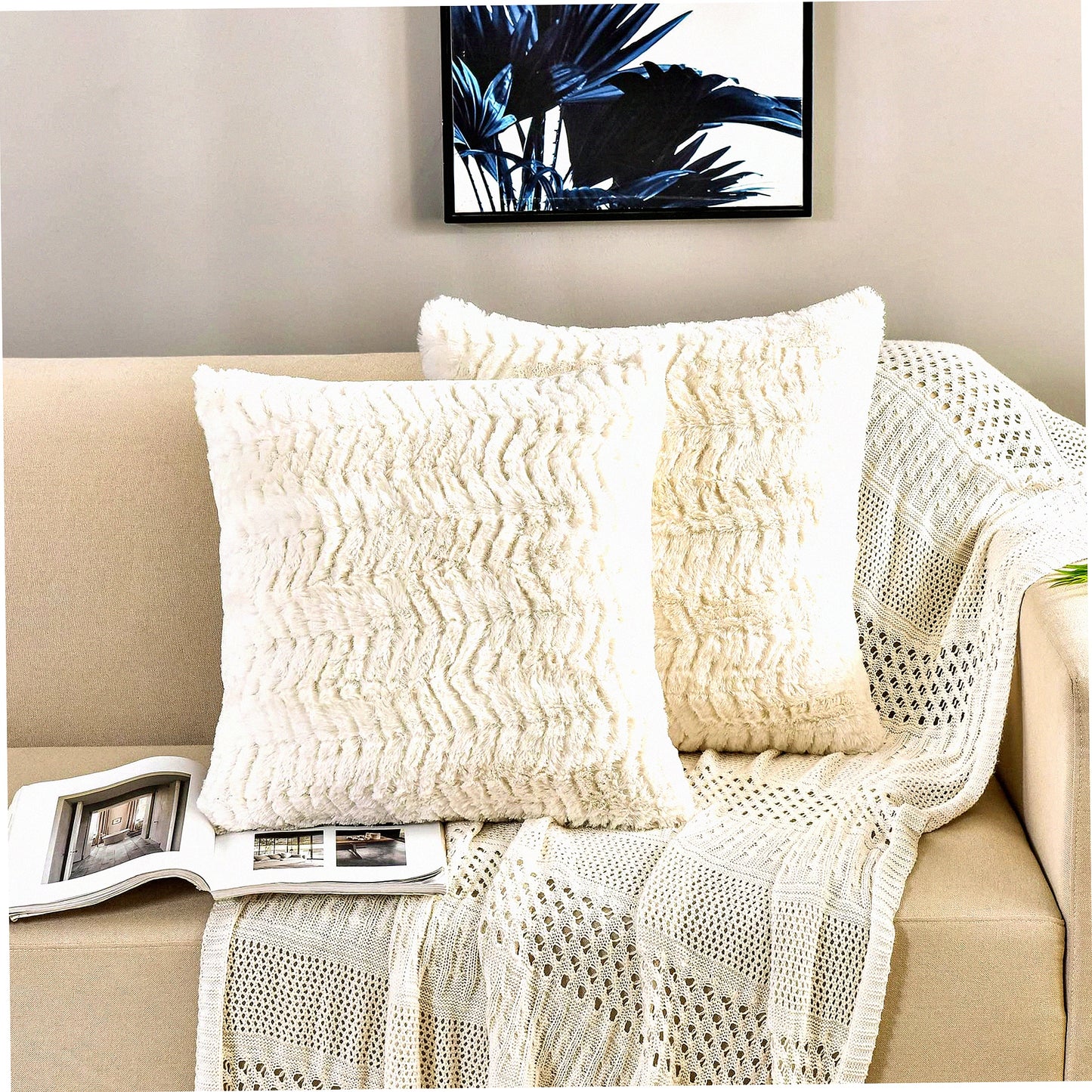 Boho Luxe Faux Fur Pillowcase Set - Plush Ivory Cushion Covers for Sofa & Bed - Cozy Fluffy Throw Pillow Shams - 18x18 Inch - Pack of 2