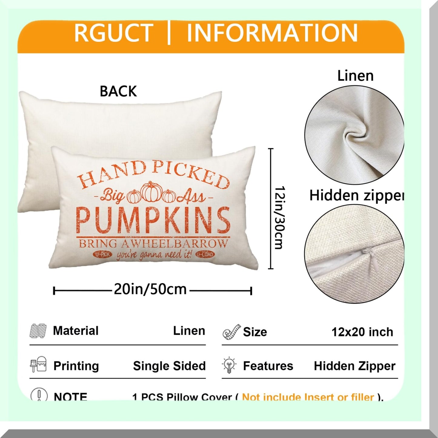 Pumpkin Harvest Lumbar Pillow Cover - Fall Farmhouse Decor - Outdoor Decorative Cushion Case - 12x20 Inch Throw Pillow - Autumn Home Decor - Couch Pillow