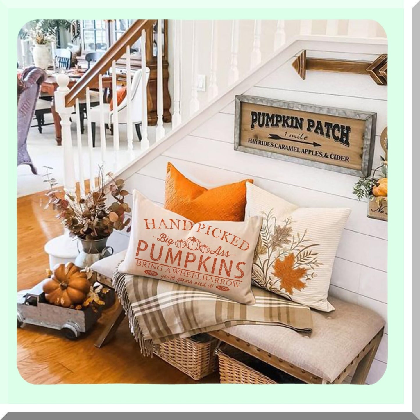 Pumpkin Harvest Lumbar Pillow Cover - Fall Farmhouse Decor - Outdoor Decorative Cushion Case - 12x20 Inch Throw Pillow - Autumn Home Decor - Couch Pillow