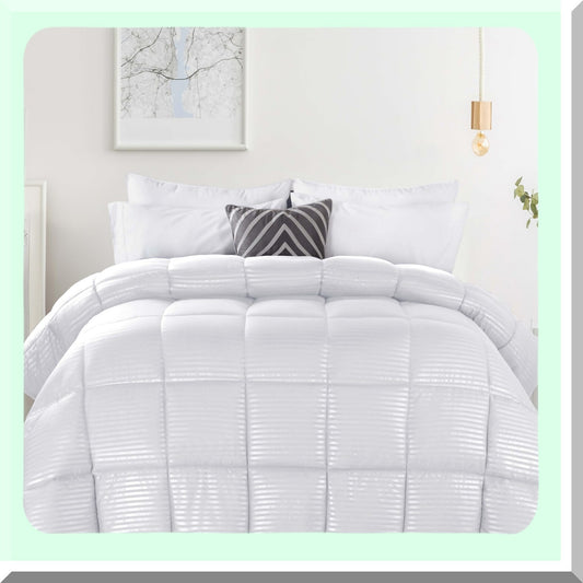 Fluffy Stripe Comforter - Medium Weight Down Alternative Bedding with Box Quilt Design for Twin/Twin XL Beds. Reversible, Oversized Blanket in Brushed Microfiber, Decorative and White.