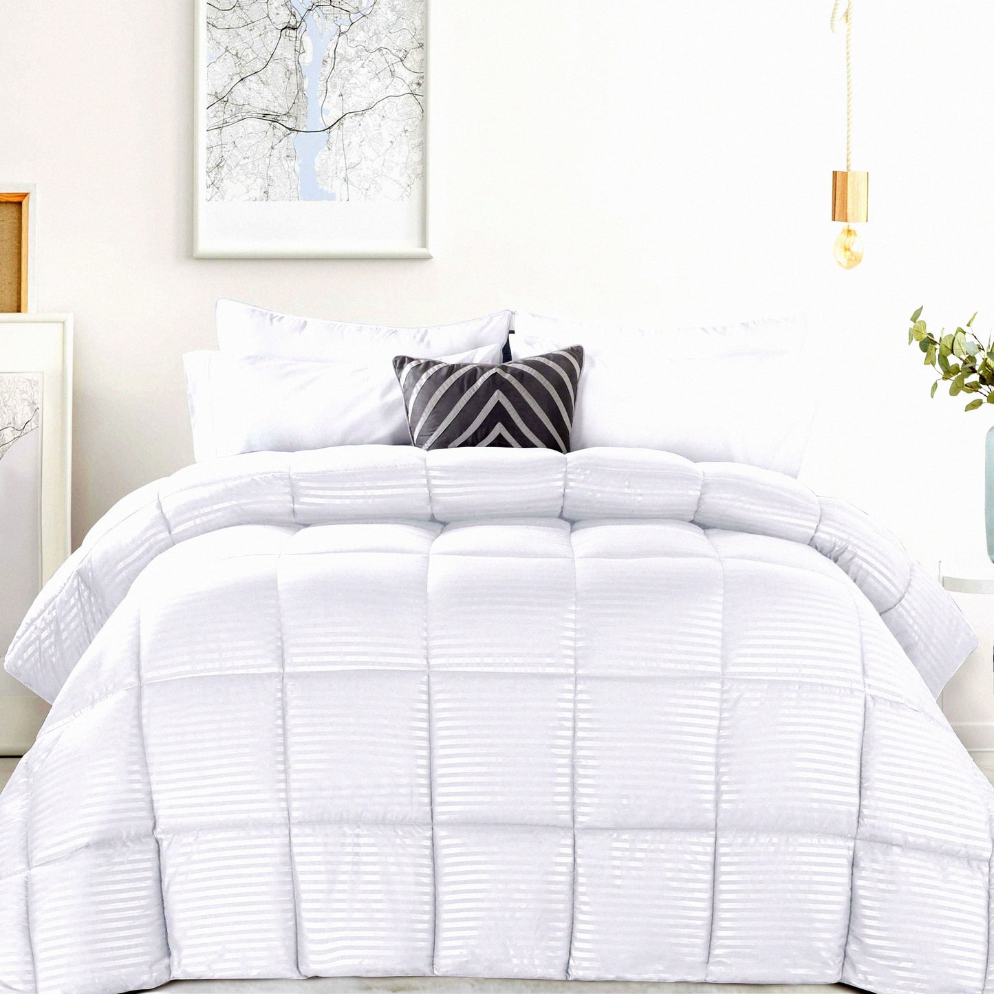 Fluffy Stripe Comforter - Medium Weight Down Alternative Bedding with Box Quilt Design for Twin/Twin XL Beds. Reversible, Oversized Blanket in Brushed Microfiber, Decorative and White.