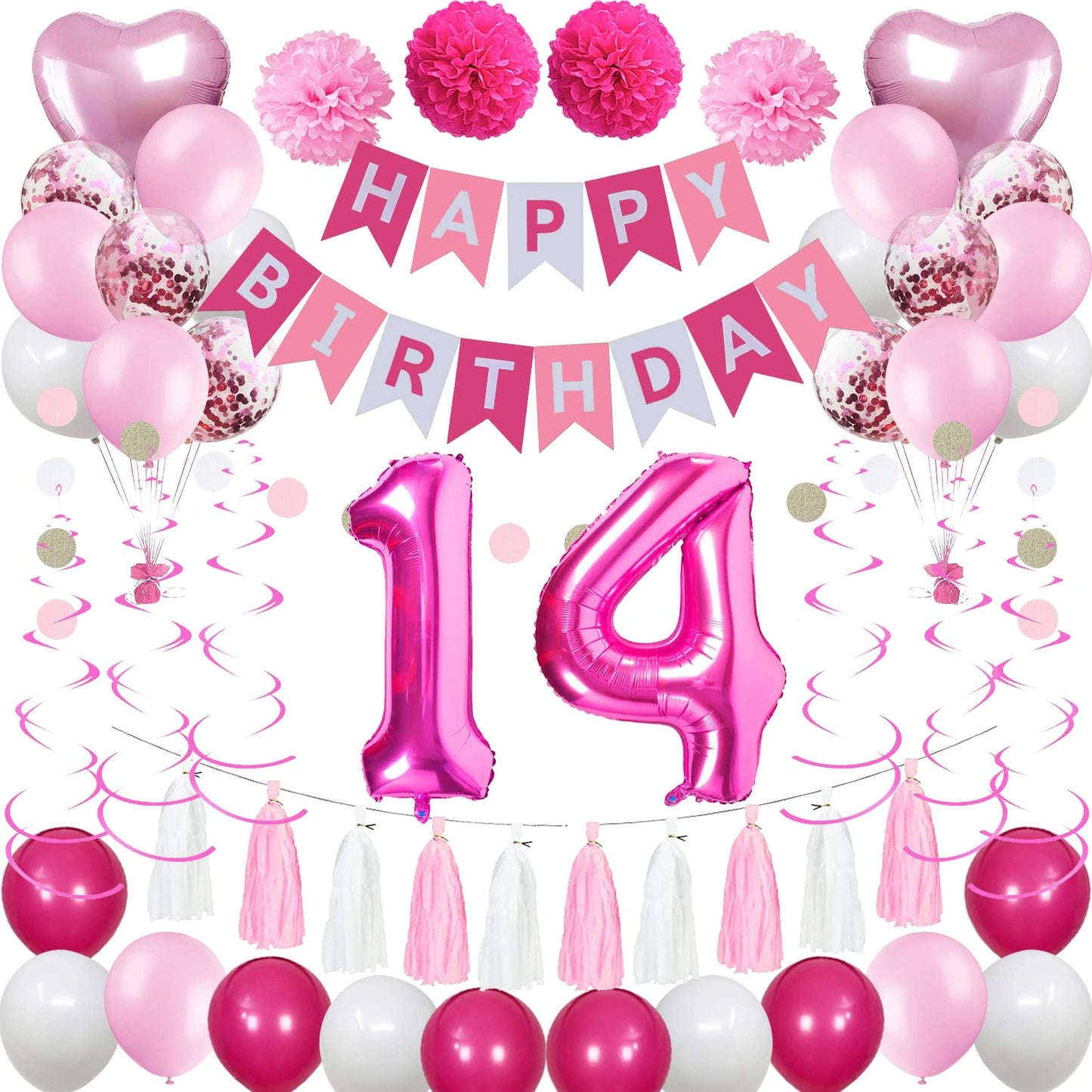 Pink & White 14th Birthday Bash Kit - Includes Happy Birthday Banner, Balloons, Number 14 Foil Balloon - Perfect Party Decor for Girls!