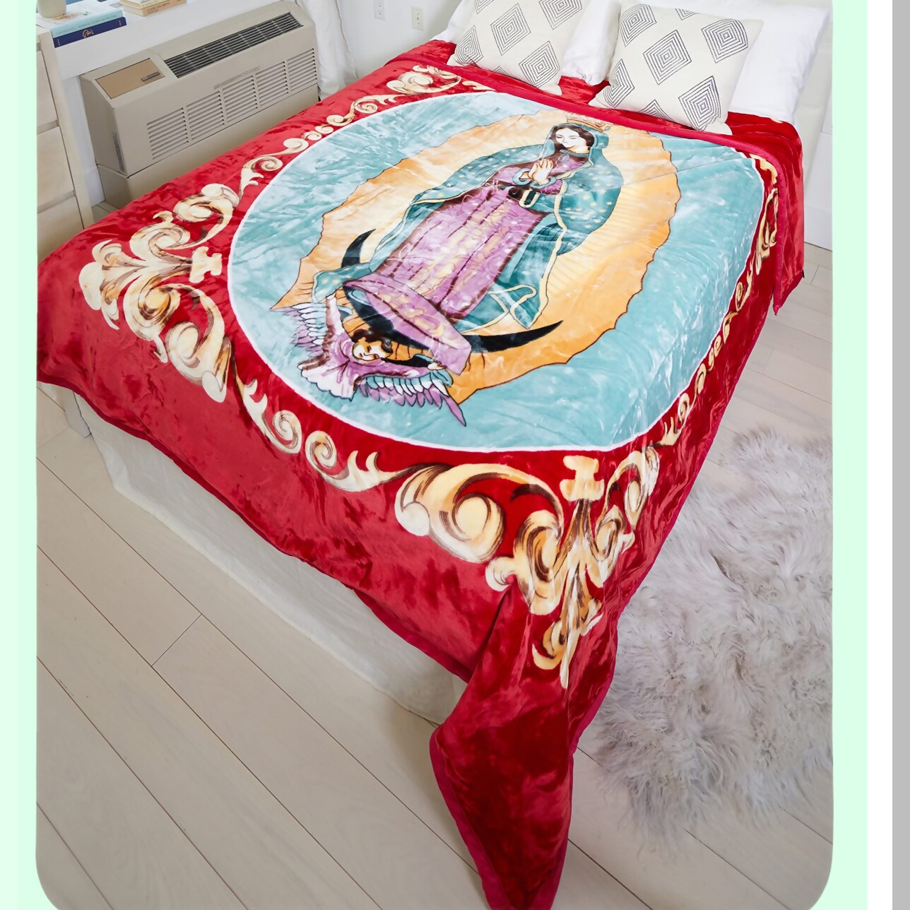 Divine Comfort: Holy Mother Guadalupe Knitted Mink Blanket - 75"x90" Lightweight Quilted Bedspread"