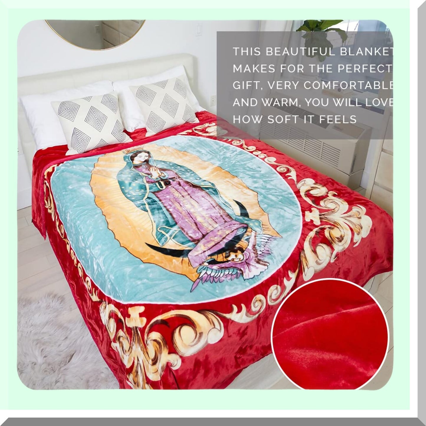 Divine Comfort: Holy Mother Guadalupe Knitted Mink Blanket - 75"x90" Lightweight Quilted Bedspread"