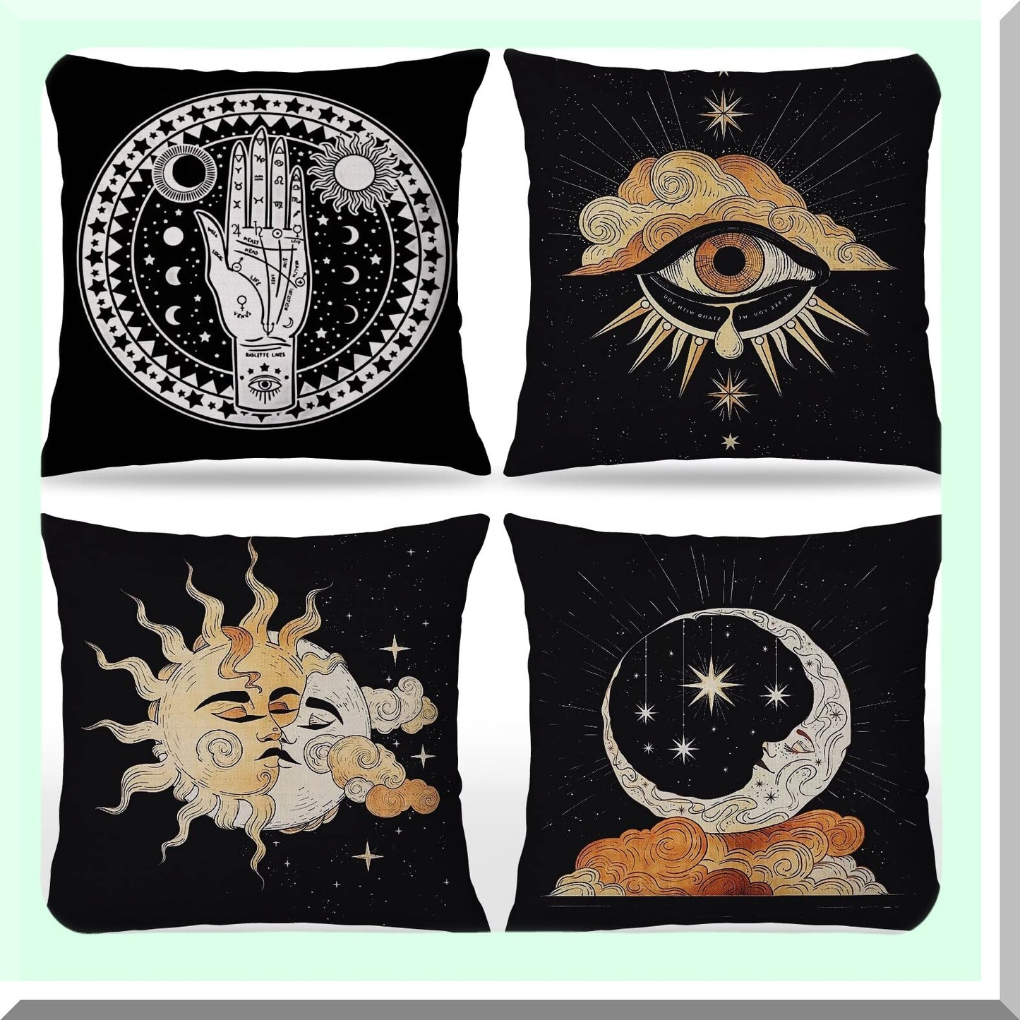 Mystical Astrology Tarot Palmistry Throw Pillow Covers - Set of 4, Sun Moon Star Decor for Bedroom, Living Room, Girls Room, College Dorm - 18 x 18 Inches, Tarot Lovers Gifts