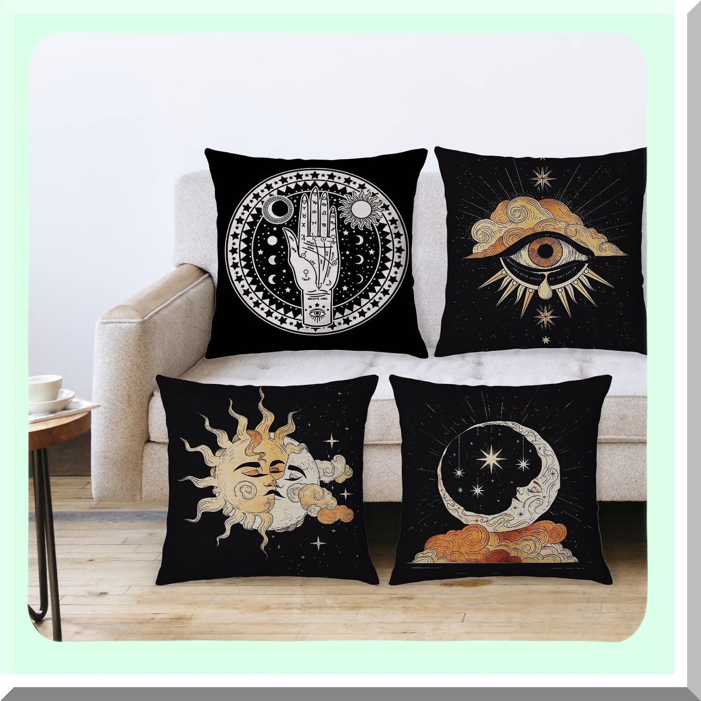 Mystical Astrology Tarot Palmistry Throw Pillow Covers - Set of 4, Sun Moon Star Decor for Bedroom, Living Room, Girls Room, College Dorm - 18 x 18 Inches, Tarot Lovers Gifts