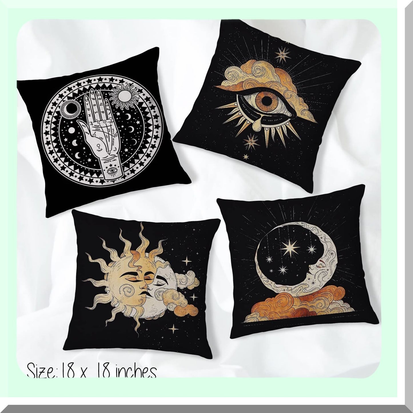 Mystical Astrology Tarot Palmistry Throw Pillow Covers - Set of 4, Sun Moon Star Decor for Bedroom, Living Room, Girls Room, College Dorm - 18 x 18 Inches, Tarot Lovers Gifts