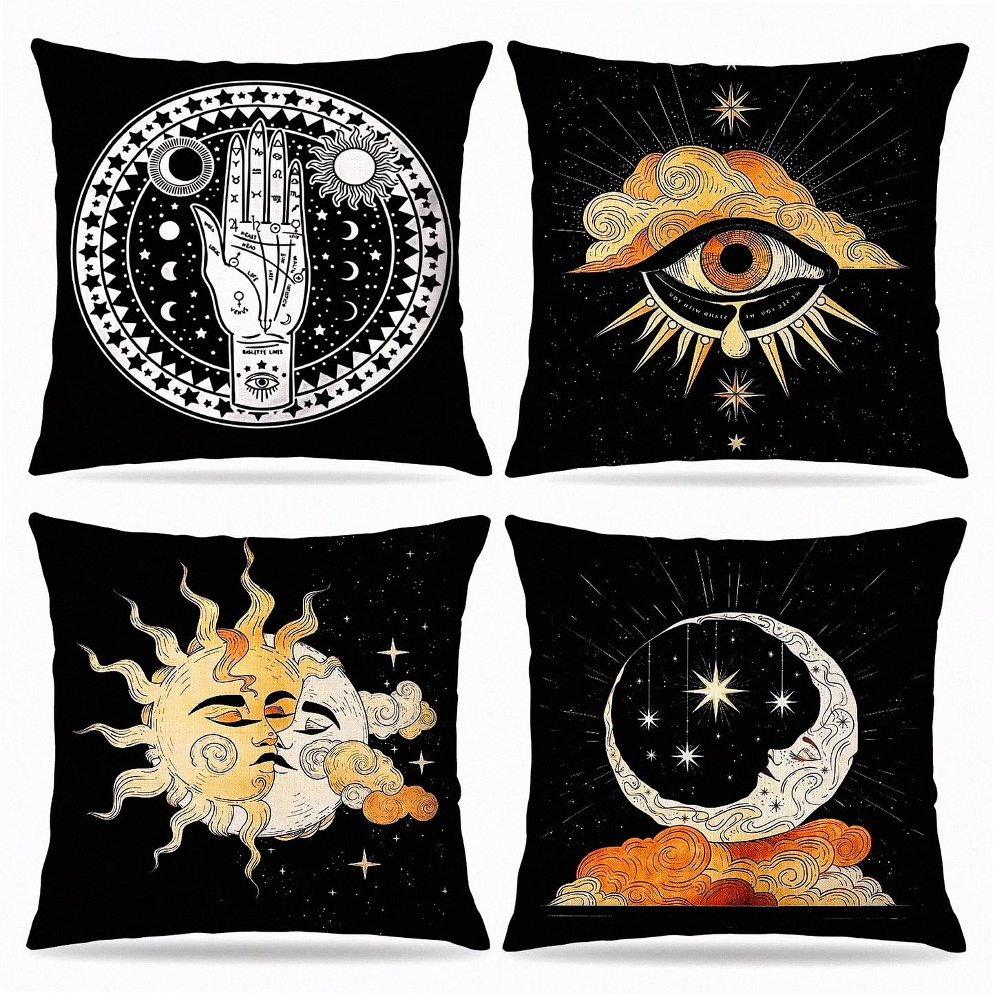 Mystical Astrology Tarot Palmistry Throw Pillow Covers - Set of 4, Sun Moon Star Decor for Bedroom, Living Room, Girls Room, College Dorm - 18 x 18 Inches, Tarot Lovers Gifts