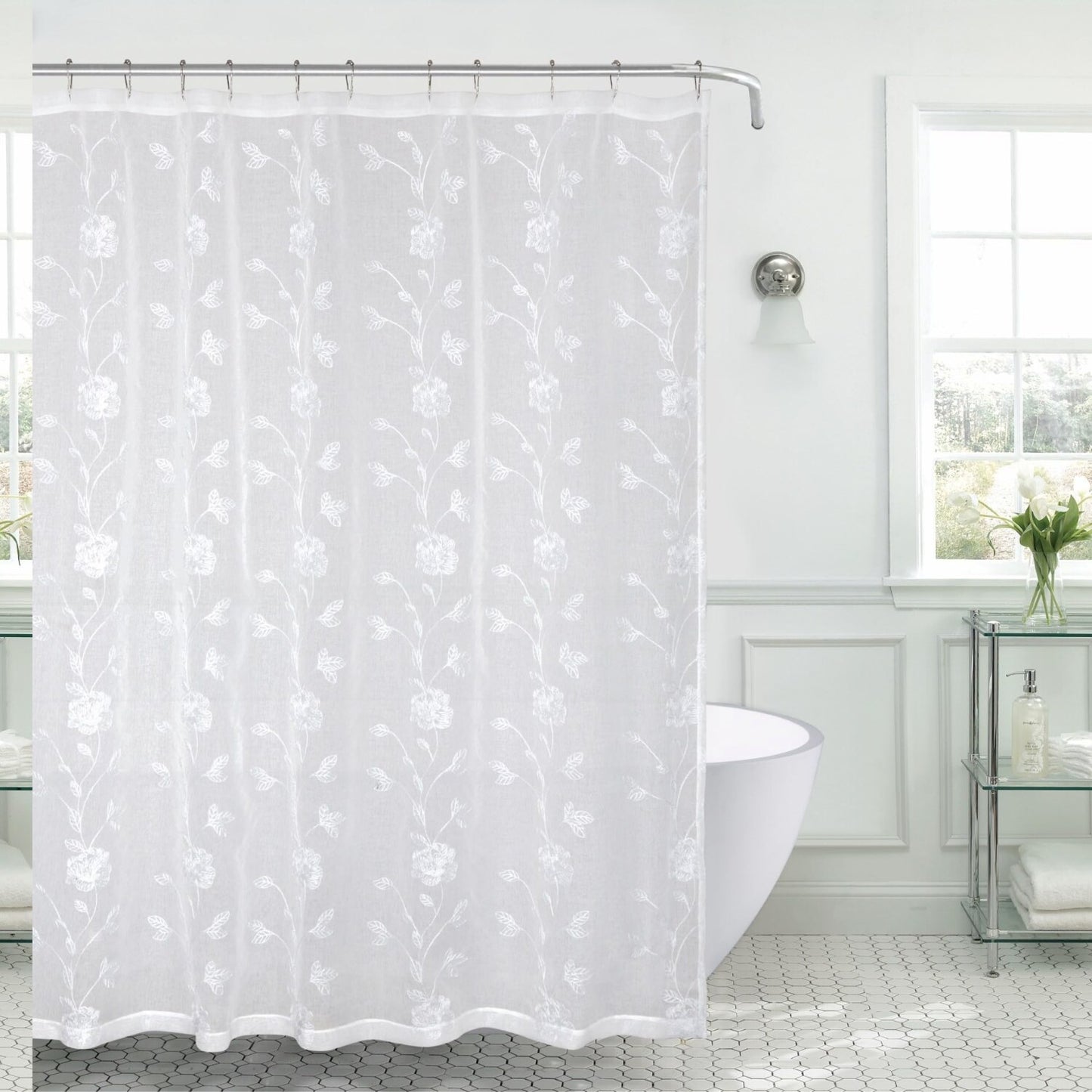Sheer Fabric Shower Curtain with Embroidered Flowers