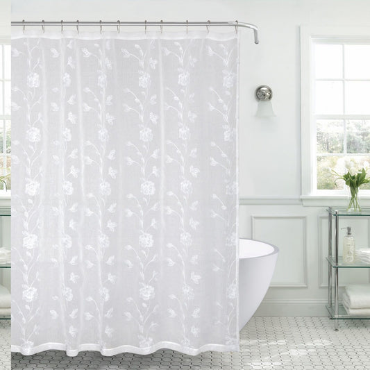 Sheer Fabric Shower Curtain with Embroidered Flowers