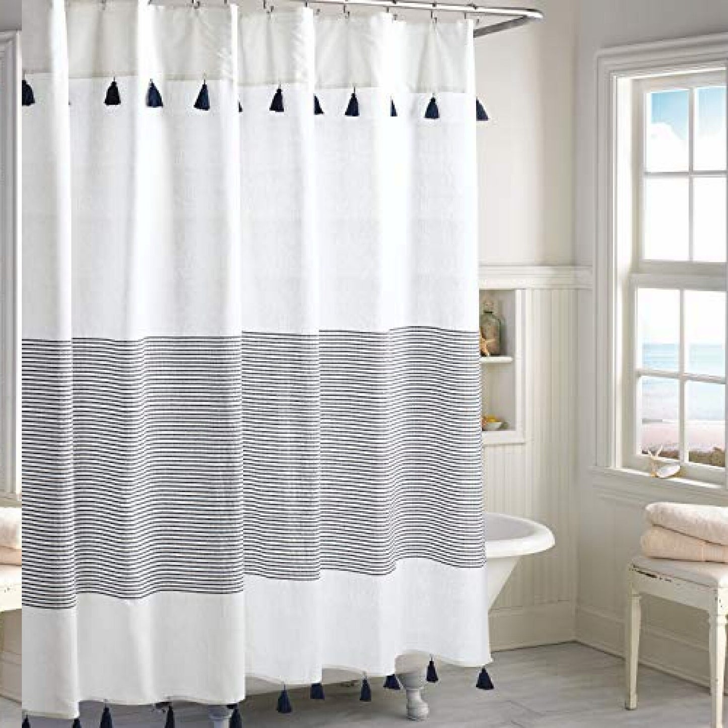 Panama Stripe Boho Farmhouse Cotton Shower Curtain 72x72 Navy