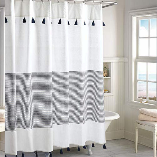 Panama Stripe Boho Farmhouse Cotton Shower Curtain 72x72 Navy