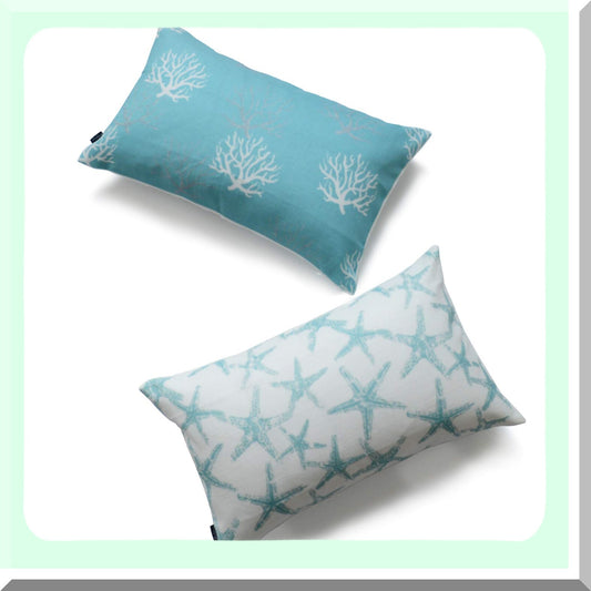 Coastal Aqua Coral Starfish Pillowcase Set - Nautical Indoor Outdoor Cushion Cover 12x20 Inches - Modern Decorative Throw Pillow Case 2Pcs