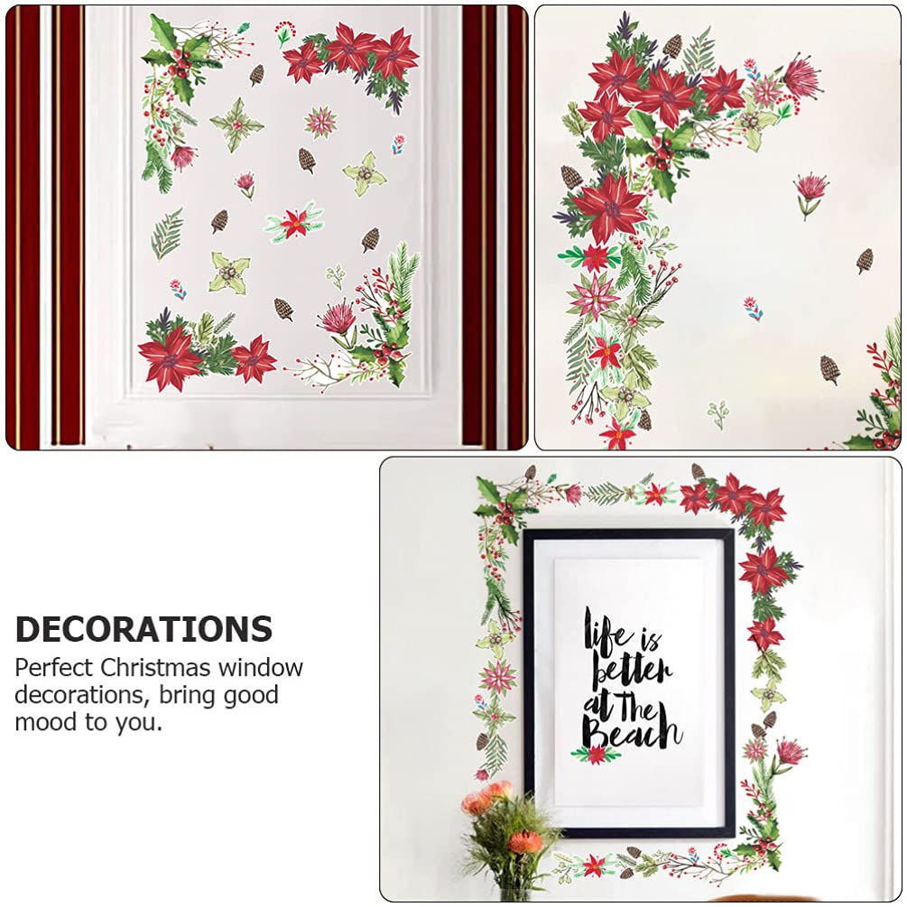 1 Sheet  Poinsettia Flower Wall Stickers, Holly Berries Wall Decal, Self- Adhesive Mistletoes Window Sticker for Home  Winter Door Window Wall Decoration
