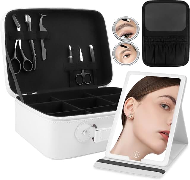 Portable travel makeup bag with light-up mirror and accessories